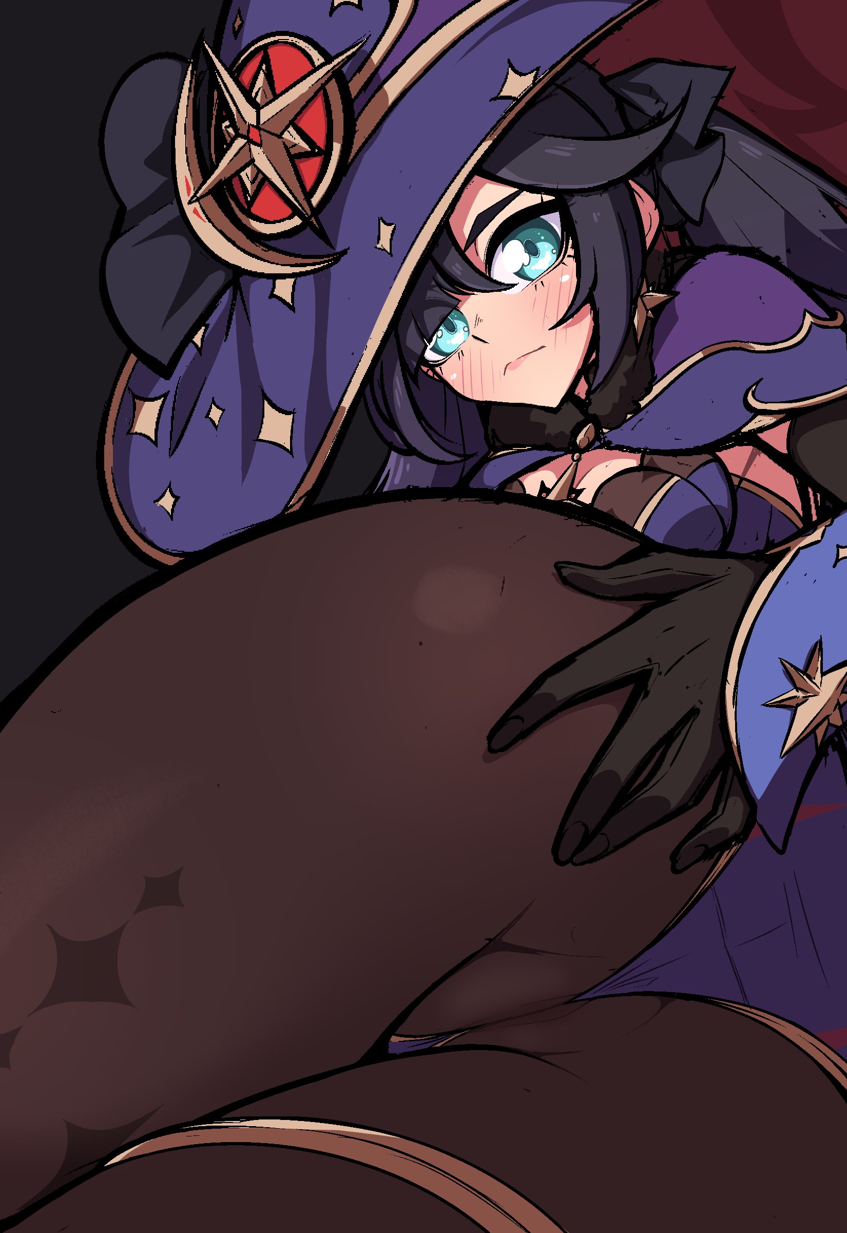 1girls, ass, ass focus, big ass, black hair, blue eyes, female, female only, genshin impact, hand on ass, hand on butt, looking at viewer, mihoyo, mona (genshin impact), scrimblocrimbo, solo, thick thighs, thighs