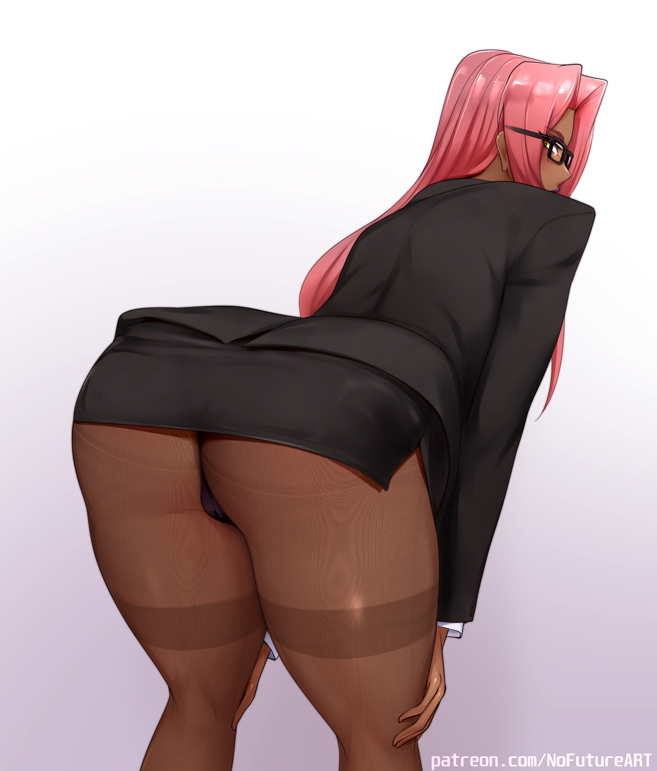1girls, 2023, ass, bent over, dark skin, dark-skinned female, female, female only, glasses, hi res, ingrid (taimanin asagi), long hair, looking at viewer, looking back, looking back at viewer, makai kishi ingrid, nofuture, office lady, pantyhose, pink hair, rear view, solo, taimanin (series), taimanin asagi, thick ass, thick thighs