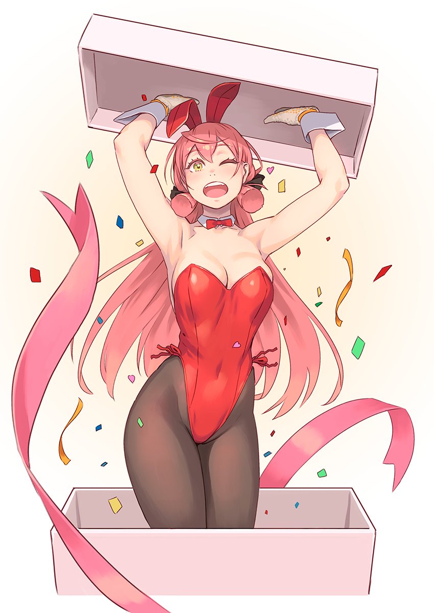 akashi_(kantai_collection) arms_up bare_shoulders belly_button big_breasts brown_eyes bunny_costume bunny_ears bunny_girl bunnysuit kantai_collection one_eye_closed pantyhose pink_hair wide_hips yuuji_(and)