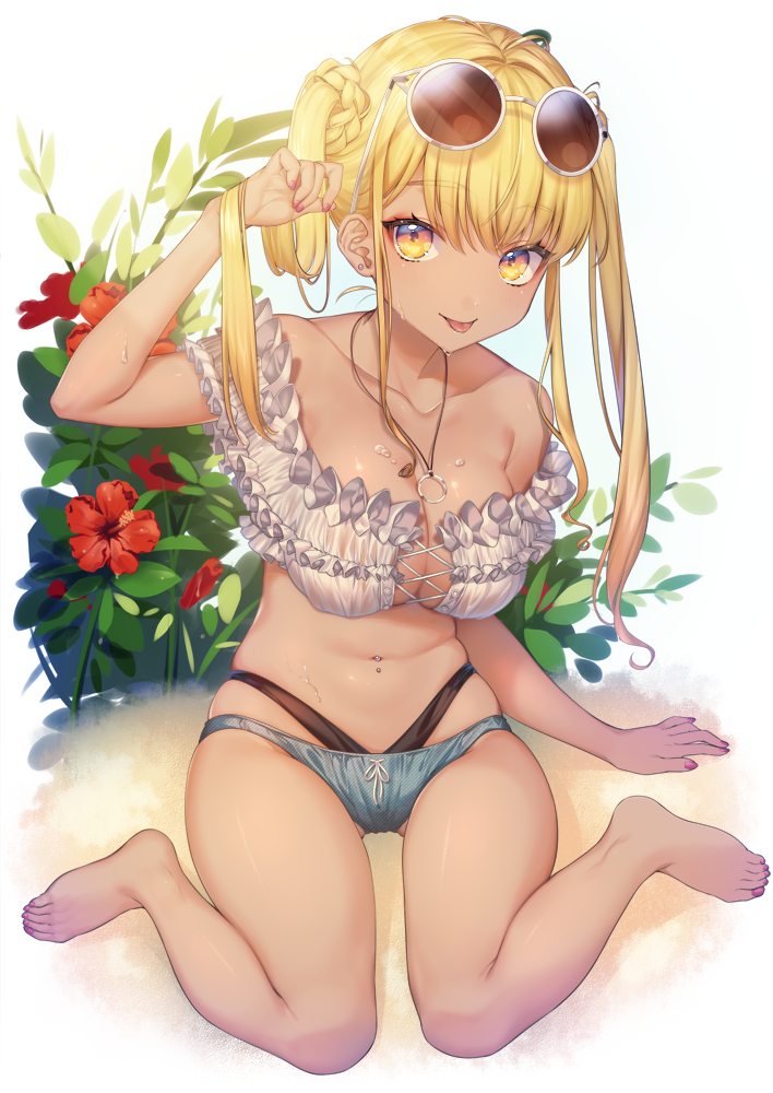 :p baby_face bangs bare_legs bare_shoulders barefoot black_panties black_underwear blonde_hair blush breasts clavicle cleavage closed_mouth earrings eyebrows_visible_through_hair eyelashes feet female flower full_body gluteal_fold gyaru hair_tousle hand_up hibiscus highleg highleg_panties jewelry large_breasts legs long_hair looking_at_viewer makeup mascara megane nail_polish navel navel_piercing necklace original pantsu piercing red_flower red_nails sidelocks smile solo sourenkio stud_earrings sunglasses sunglasses_on_head sweat tanned thong tied_hair toenail_polish toenails toes tongue twintails underwear yellow_eyes