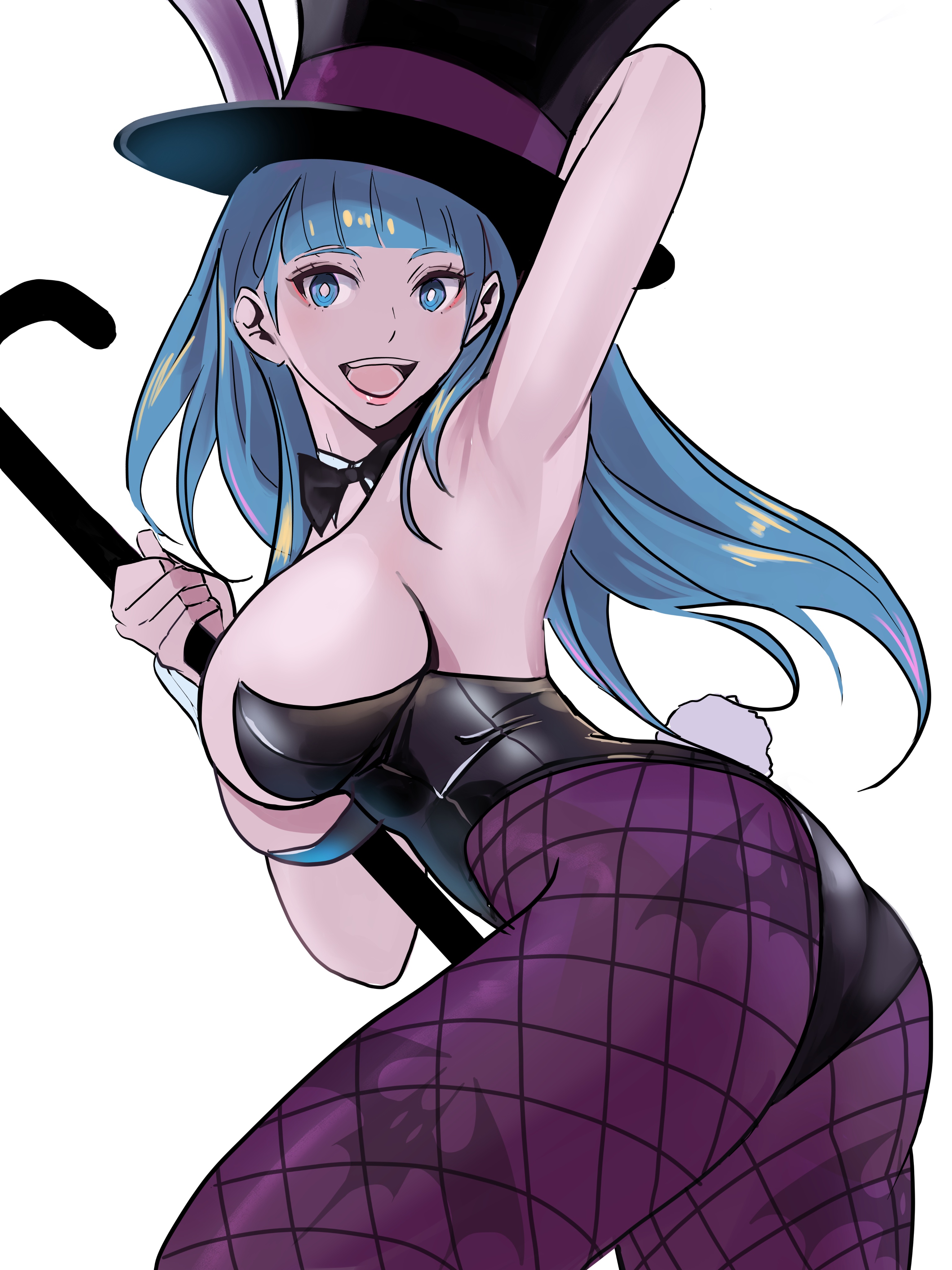 1girls, 2024, absurd res, bat print, big breasts, breasts, bunny ears, bunny girl, bunny tail, bunnysuit, cane, capcom, darkstalkers, demon, detached collar, female, female only, fishnet pantyhose, fishnets, green eyes, green hair, long hair, looking at viewer, magician, meke, morrigan aensland, neck ribbon, pantyhose, purple pantyhose, side view, sideboob, smiling, smiling at viewer, solo, succubus, thick thighs, top hat