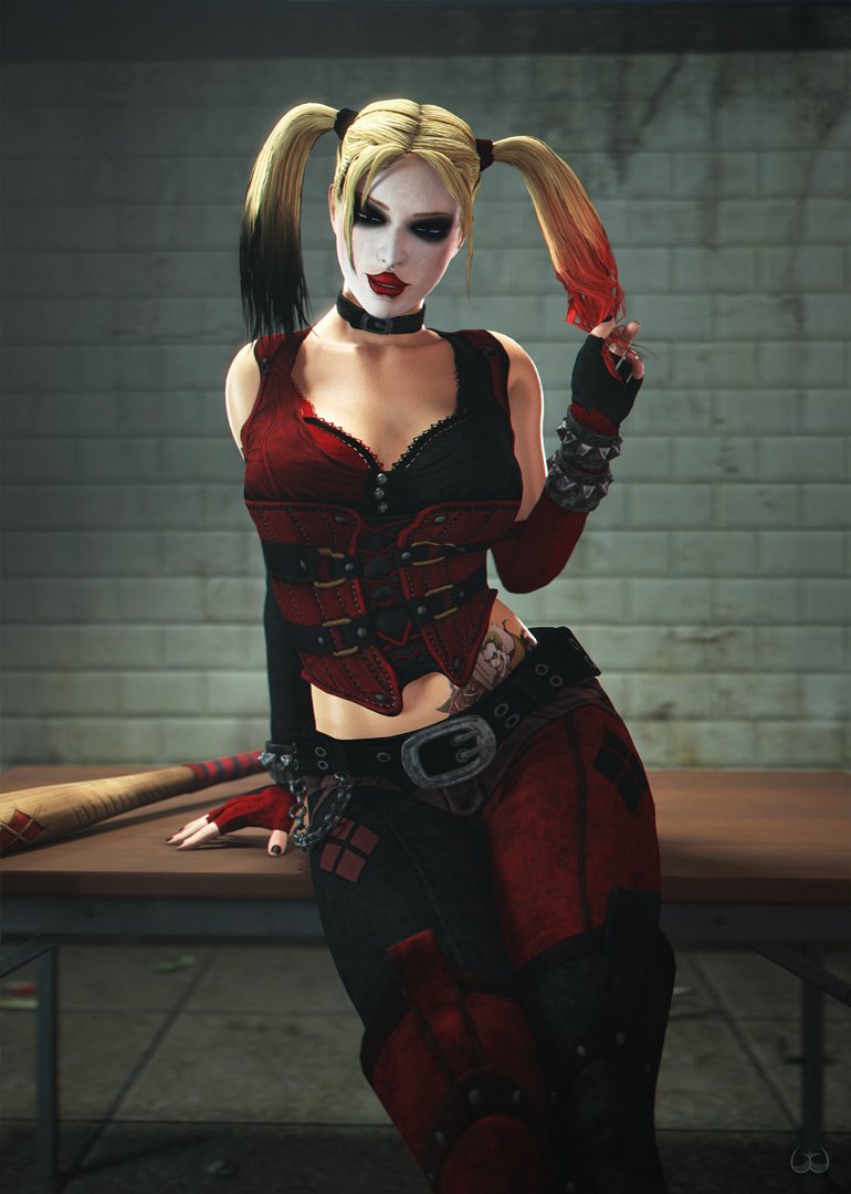 3d batman:_arkham_city batman_(series) big_breasts bra breasts busty cleavage corset dc dc_comics female female_focus female_only harley_quinn harley_quinn_(arkham) harley_quinn_(arkham_city) hourglass_figure lace-trimmed_bra long_hair makeup tagme tattoo twintails wide_hips wildynsfw