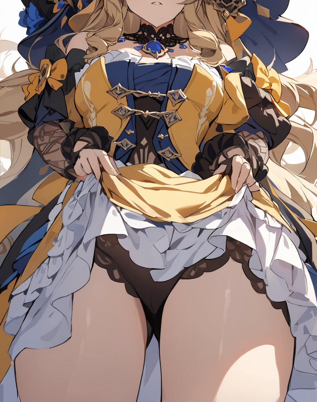 1girls ai_generated bare_shoulders big_breasts black_dress black_panties blonde_hair brooch corset detached_sleeves dress_lift dress_pull face_out_of_frame frilled_dress from_below genshin_impact lifted_by_self navia_(genshin_impact) thick_thighs thighs viewed_from_below