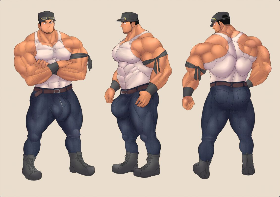 ass balls bara beard bulge clothing crossed_arms facial_hair flaccid fully_clothed kuromine_hiraya male male_only muscles muscular penis solo solo_male yuatari