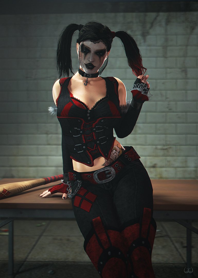 3d batman:_arkham_city batman_(series) big_breasts black_hair bra breasts busty cleavage corset dc dc_comics female female_focus female_only goth goth_girl harley_quinn harley_quinn_(arkham) harley_quinn_(arkham_city) harley_quinn_(harley_quinn's_revenge) hourglass_figure lace-trimmed_bra long_hair makeup tagme tattoo twintails wide_hips wildynsfw