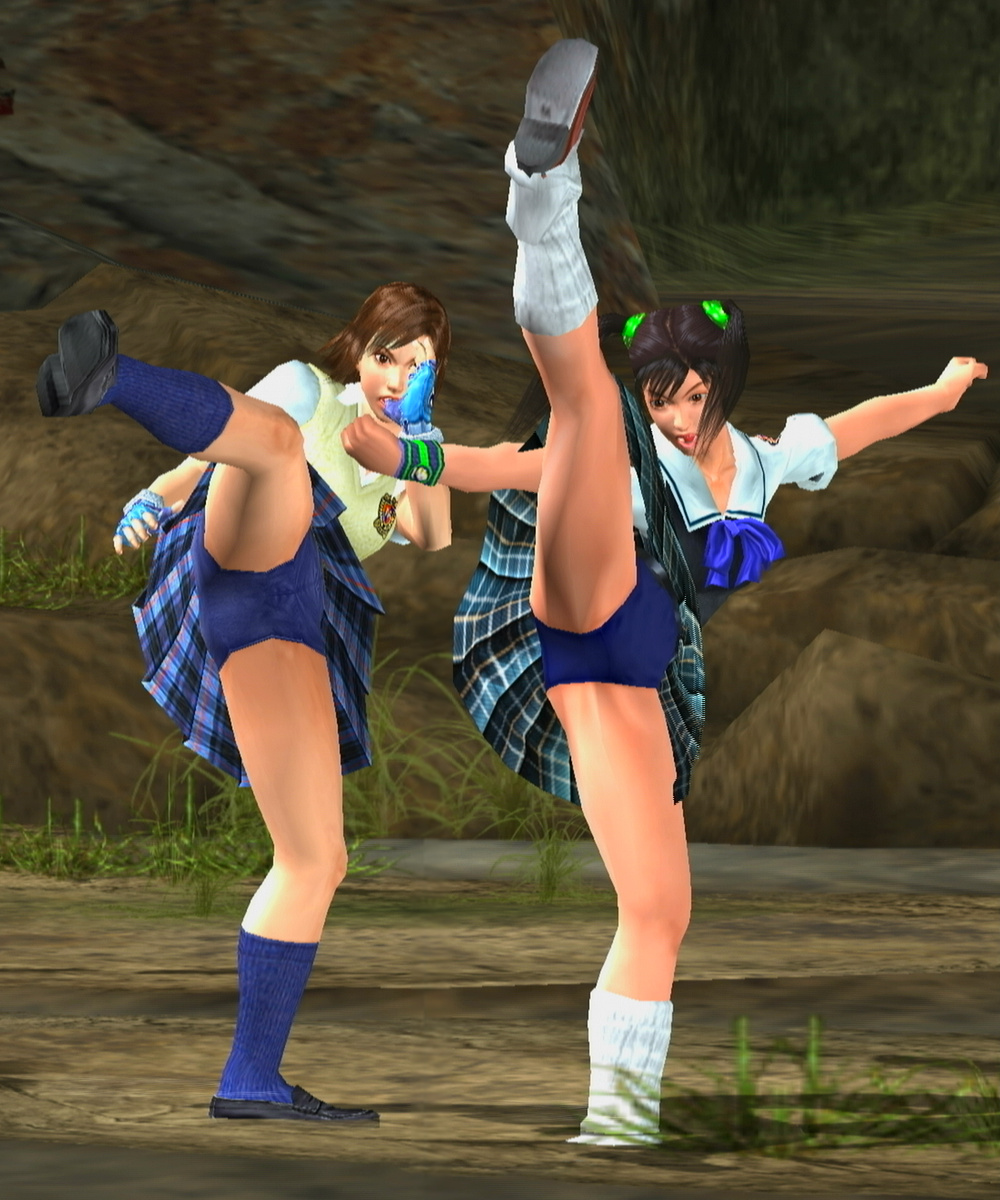 2girls 3d black_hair blue_socks bracelets brown_eyes brown_hair brown_loafers fingerless_gloves hazel_eyes kazama_asuka kick kicking knee_socks kneehighs kneesocks ling_xiaoyu loafers loose_socks namco school_uniform schoolgirl socks tekken tekken_3 tekken_5 tekken_5_dark_resurrection tekken_tag_tournament tekken_tag_tournament_2 tied_hair twintails upskirt white_socks