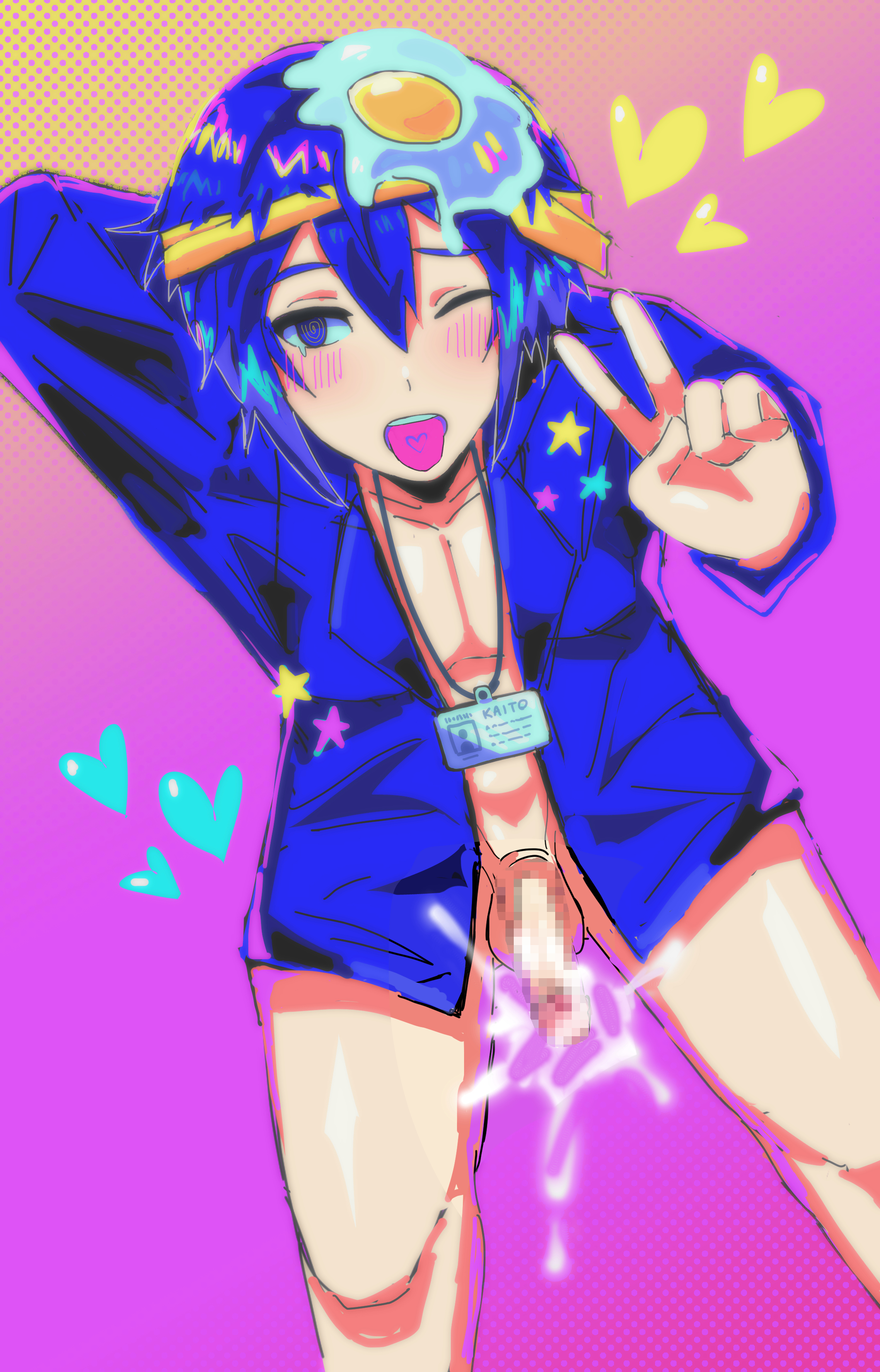 1boy, blue hair, censored, censored penis, cum, egg, electric weekend zone (flavor foley), flavor foley, gay, half naked, half-dressed, heart, id card, kaito (electric weekend zone), kaito (vocaloid), male, male focus, male only, peace sign, penis, project sekai, saturated colors, solo, suit, thighs, tongue out, vocaloid, wink, yaoi, zhukik