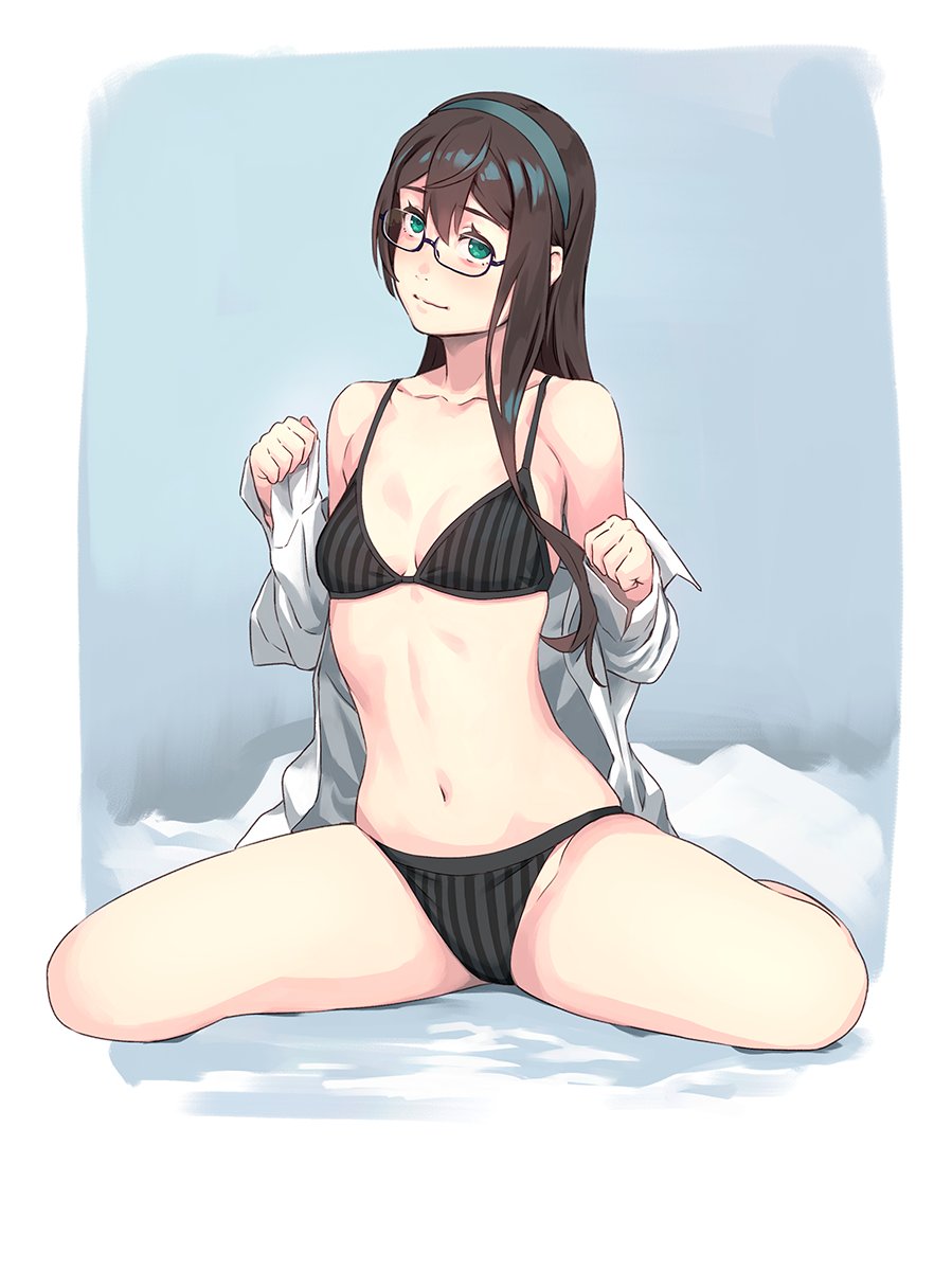 belly_button bikini brown_hair glasses kantai_collection kneeling long_hair looking_at_viewer ooyodo_(kantai_collection) open_shirt slim_waist spread_legs teenager wide_hips yuuji_(and)