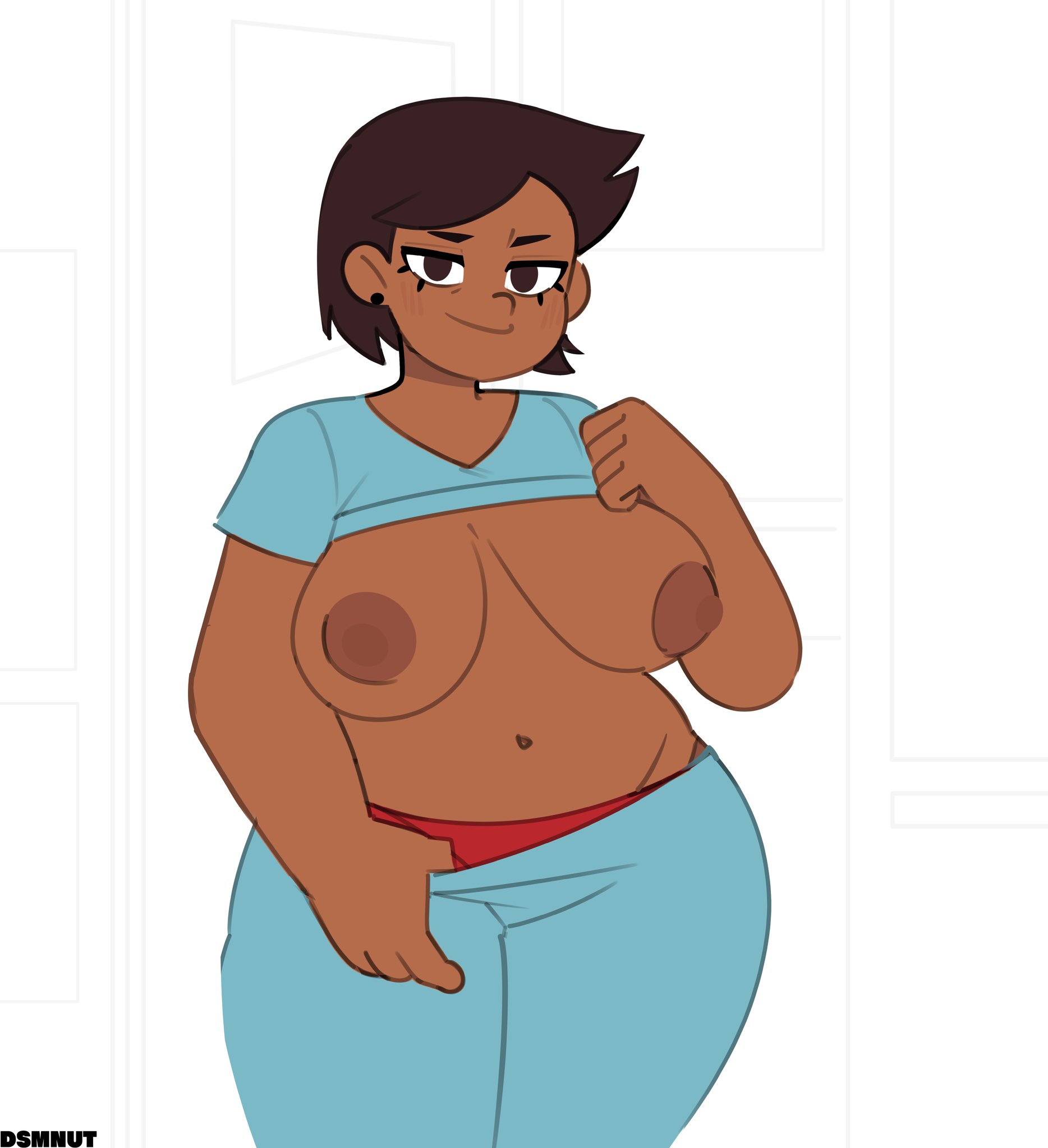 1girls, 2024, areolae, artist name, ass, belly, belly button, big ass, big breasts, blush, blush lines, blushing at viewer, bottomwear, breasts, breasts out, brown eyes, brown hair, busty, camila noceda, clothed, clothed female, clothes, clothes lift, clothes pull, clothing, curvaceous, curvy, dark nipples, dark skin, dark-skinned female, disney, disney channel, dsmnup, earrings, eyelashes, female, front view, hair, hi res, human, large areolae, large ass, large breasts, latina, legs together, looking at viewer, mature female, medium hair, milf, navel, nipples, no bra, panties, pants, pants down, pants pull, partially clothed, pose, posing, presenting, presenting breasts, red panties, seductive, seductive look, seductive pose, seductive smile, shirt, shirt lift, shirt up, smile, smiling, smiling at viewer, solo, stomach, the owl house, thick thighs, thighs, three-quarter portrait, topwear, underwear, undressing, voluptuous, wide hips