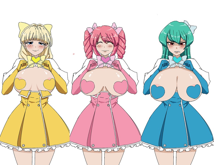 breasts breasts_bigger_than_head hanabishi_haruka large_breasts magia_azul magia_magenta magia_sulphur magical_girl mahou_shoujo_ni_akogarete minakami_sayo no_bra pasties robo_zentarou tenkawa_kaoruko yuri