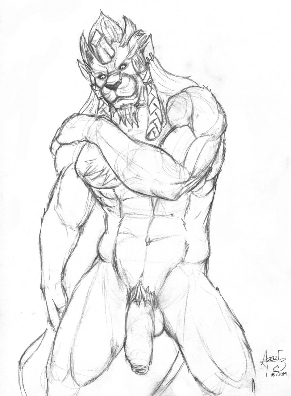 1_horn 2014 anthro artist_request balls braided_hair broken_horn ear_piercing felid final_fantasy final_fantasy_x flaccid foreskin genitals hair hi_res horn humanoid_genitalia humanoid_penis kimahri long_hair male male_only mammal navel nude penis piercing pubes ronso solo square_enix