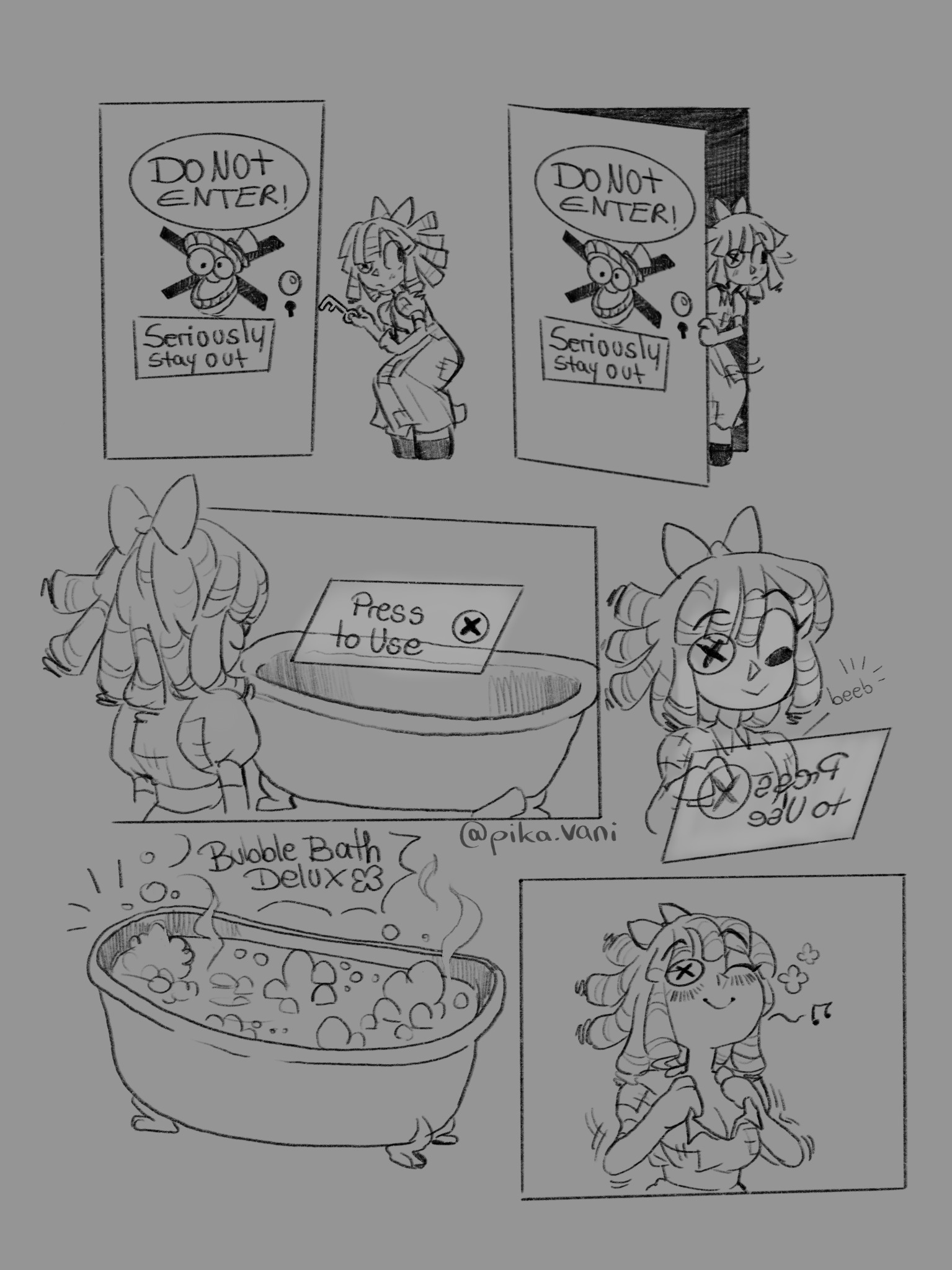 1 eye, 1girls, bath, bathroom, bathtub, bubble speech, bubbles, closed eyes, comic, comic page, door, doorway, female, glitch productions, hair, humming, key, pikavani, ragatha, ragatha (the amazing digital circus), removing clothing, smile, the amazing digital circus