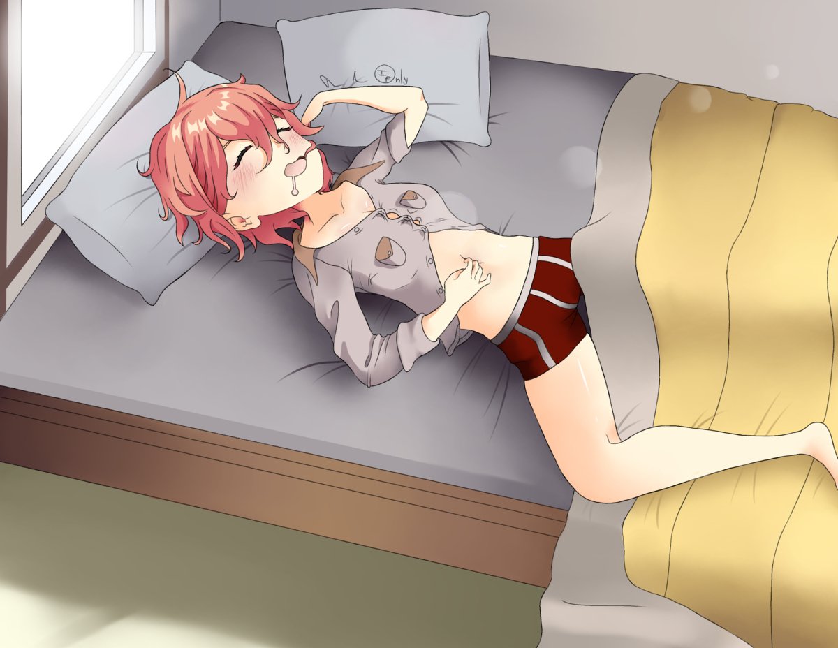 1female 1girls 2021 artist_name artzonly artzonly asleep bed blanket blush both_eyes_closed closed_eyes clothes clothing collarbone commission commission_art doki_doki_literature_club eyes_closed female female_focus female_only ifonly in_bed messy_hair navel pillow pillows sayori_(doki_doki_literature_club) shorts sleeping solo solo_female solo_focus strawberry_blonde_hair