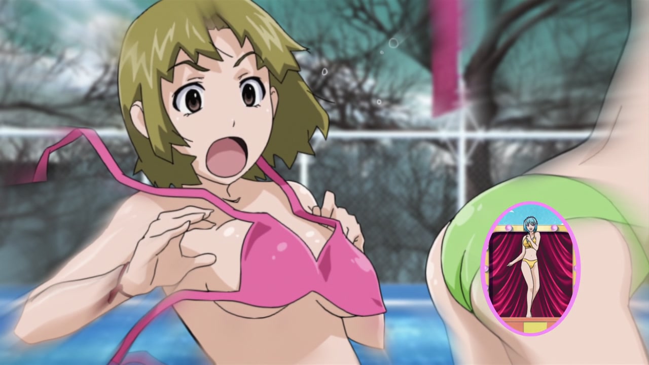 00s 2000s 2008 2girls accidental_exposure anime_screencap background_character bikini_malfunction embarrassed_nude_female enf female female_focus female_only green_bikini kurono_kurumu multiple_girls official_art pink_bikini rosario+vampire screenshot shocked shocked_expression succubus wardrobe_malfunction yellow_bikini