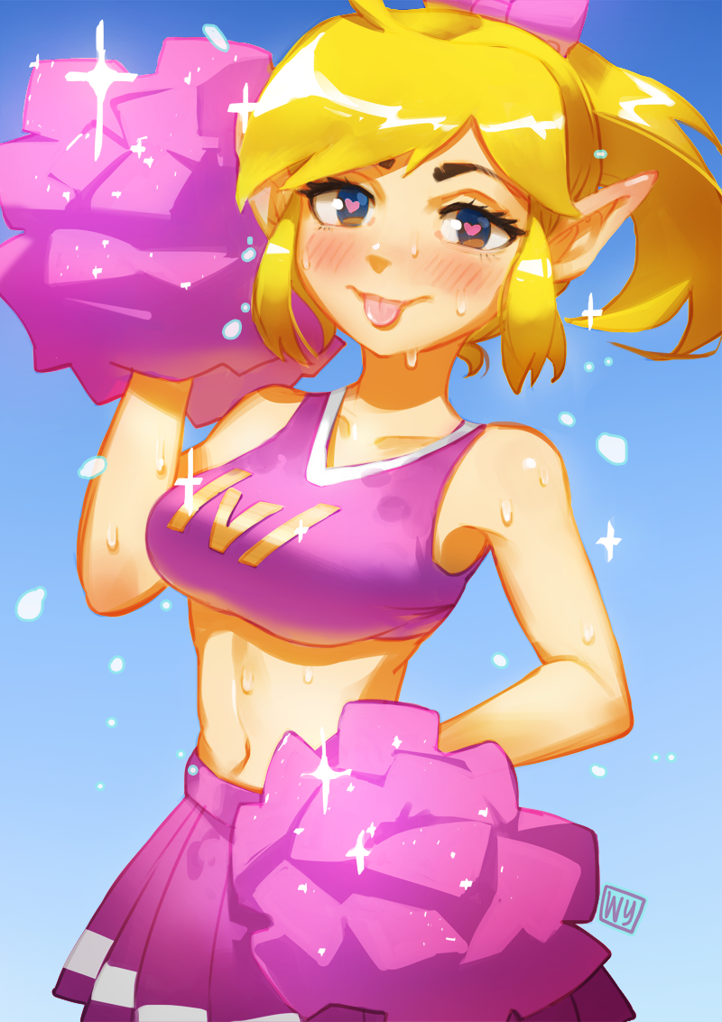 1girls blonde_hair blue_eyes breasts cheerleader cheerleader_link cheerleader_uniform crop_top female genderswap genderswap_(mtf) girly hairbow heart-shaped_pupils link link_(tri_force_heroes) looking_at_viewer medium_breasts midriff navel nintendo pixelnoodle pom_poms ponytail purple_crop_top purple_skirt rule_63 skirt sweat the_legend_of_zelda tongue tongue_out tri_force_heroes