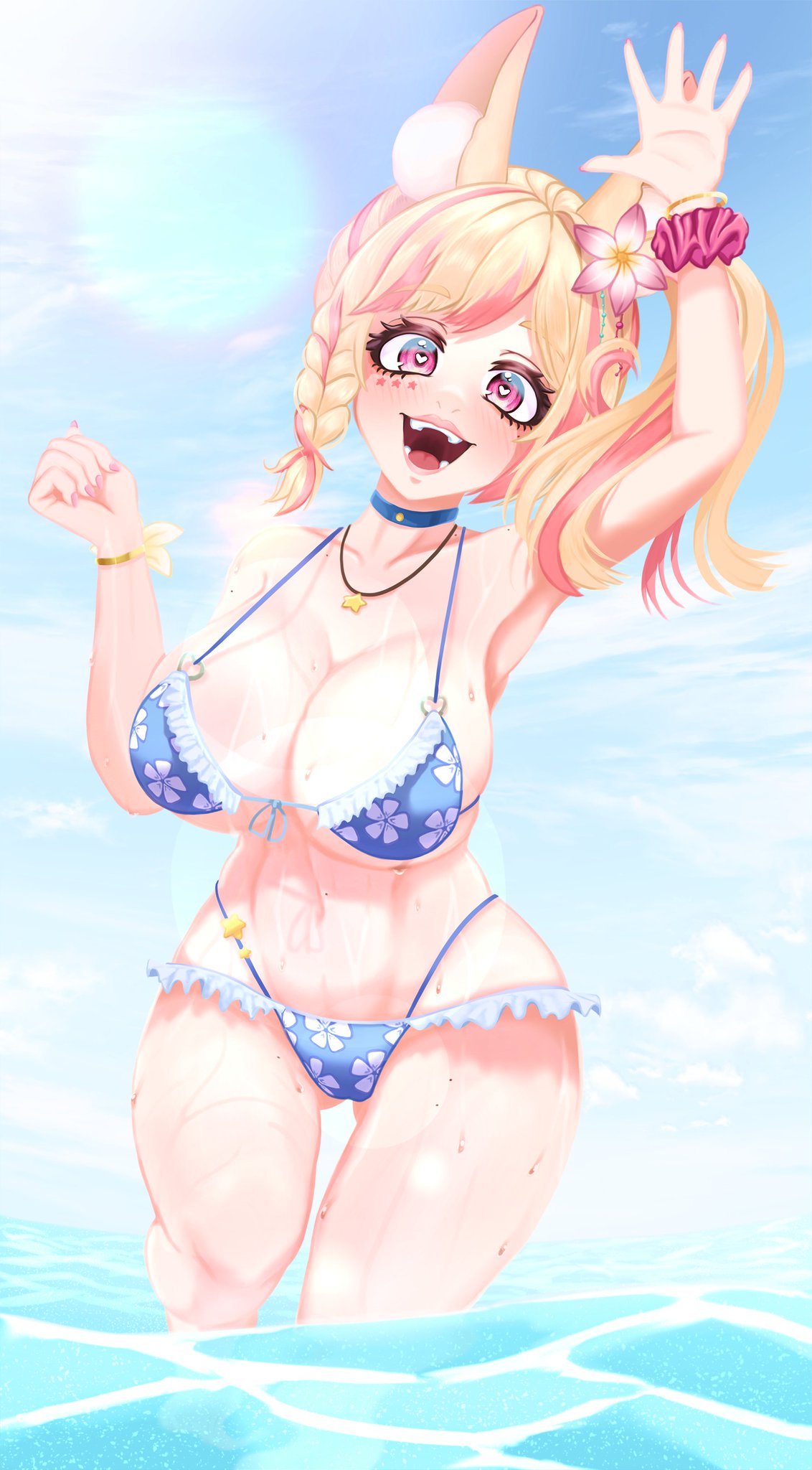 1girls animal_ears big_breasts bikini blonde_hair bunny_ears bunny_girl chromevt cleavage day female female_focus female_only flower flower_in_hair greeting heart-shaped_pupils just_4ngels latam_virtual_youtuber light-skinned_female light_skin long_ears looking_at_viewer ocean pink_eyes pink_nails smiling_at_viewer standing standing_in_water summer swimsuit thong_bikini two_tone_hair virtual_youtuber voluptuous voluptuous_female vtuber vtuberfanart water