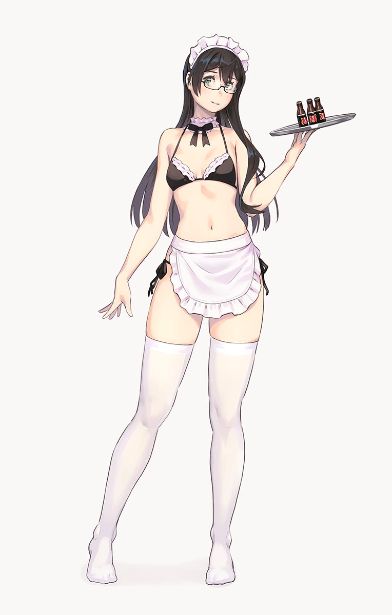 black_hair bra feet female female_only fully_clothed glasses kantai_collection lingerie long_hair looking_at_viewer maid maid_apron maid_dress maid_headdress maid_uniform ooyodo_(kantai_collection) revealing_clothes slim_waist small_breasts socks stockings teenager thick_thighs thigh_socks thighhighs underwear white_socks yuuji_(and)