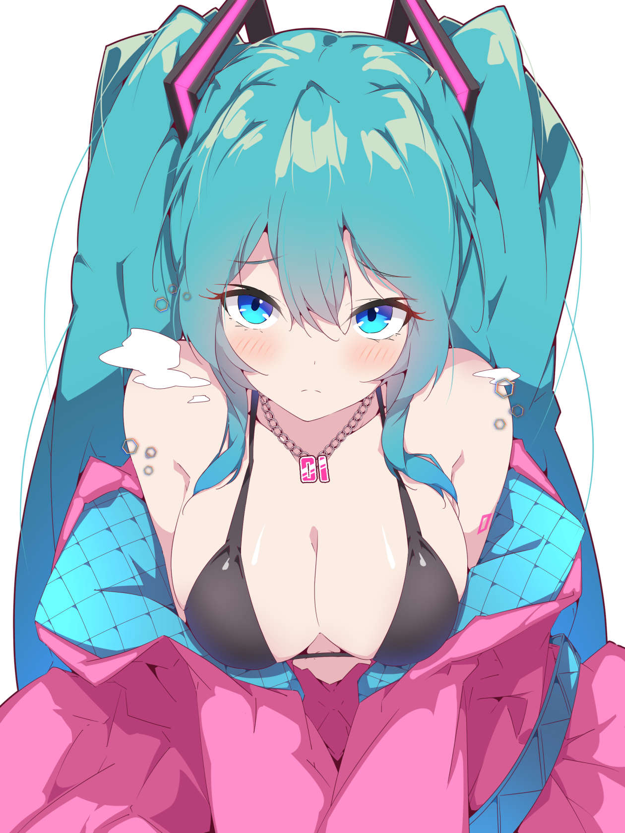 1girl, aqua hair, bare shoulders, bikini, black bikini, black bra, blue eyes, blush, breasts, cleavage, closed mouth, female, hair between eyes, hair ornament, hatsune miku, jacket, jacket off shoulders, jewelry, large breasts, long hair, looking at viewer, necklace, off shoulder, open clothes, partially undressed, simple background, solo, swimsuit, tattoo, twintails, upper body, very long hair, vocaloid, white background, worried, worried expression