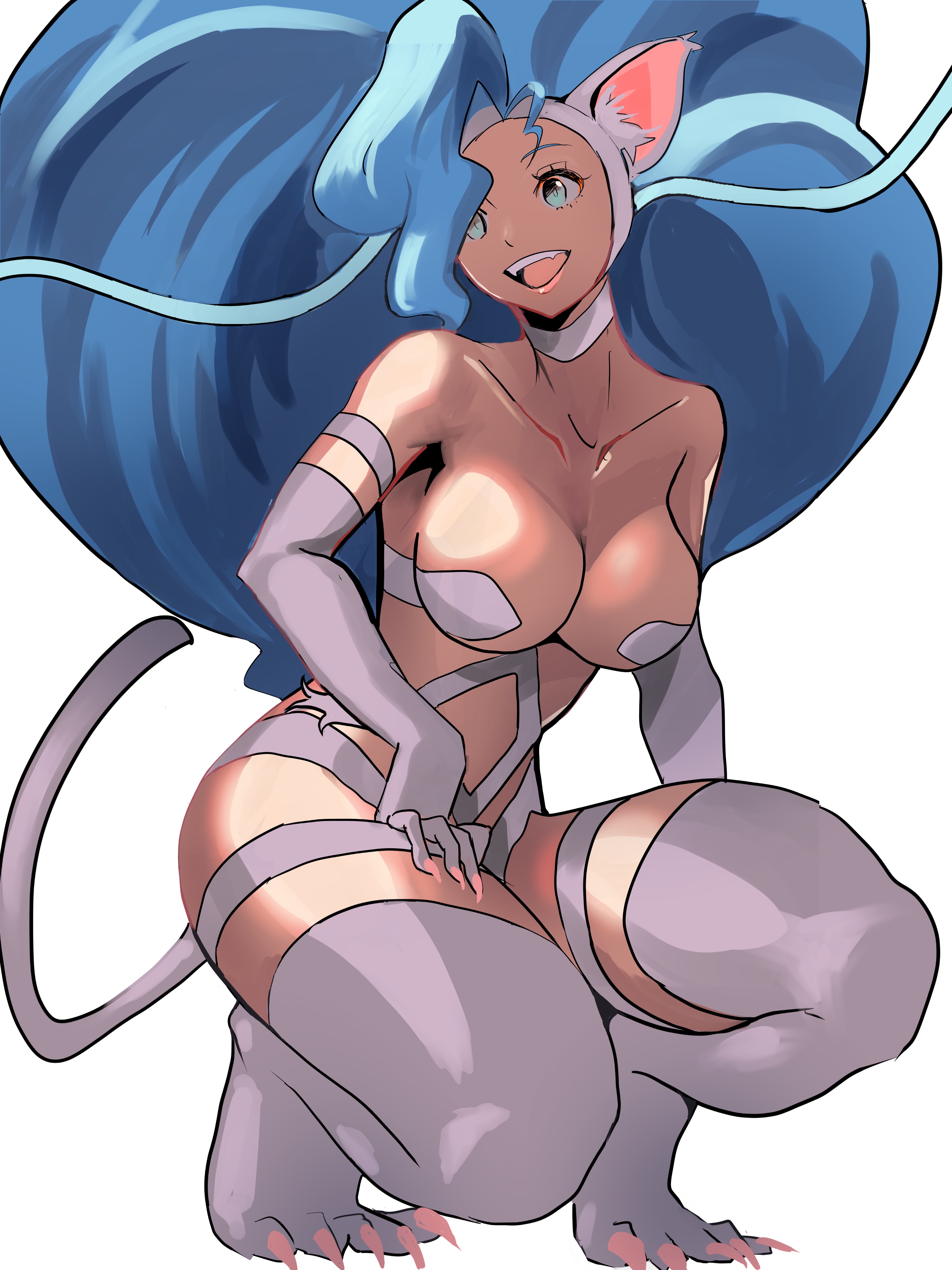 1girls, 2024, absurd res, blue eyes, blue hair, breasts, capcom, cat ears, cat girl, cat tail, catgirl, crouching, darkstalkers, felicia, felicia (darkstalkers), female, female only, long hair, meke, sharp fingernails, sharp toenails, smile, solo, tail, thick thighs