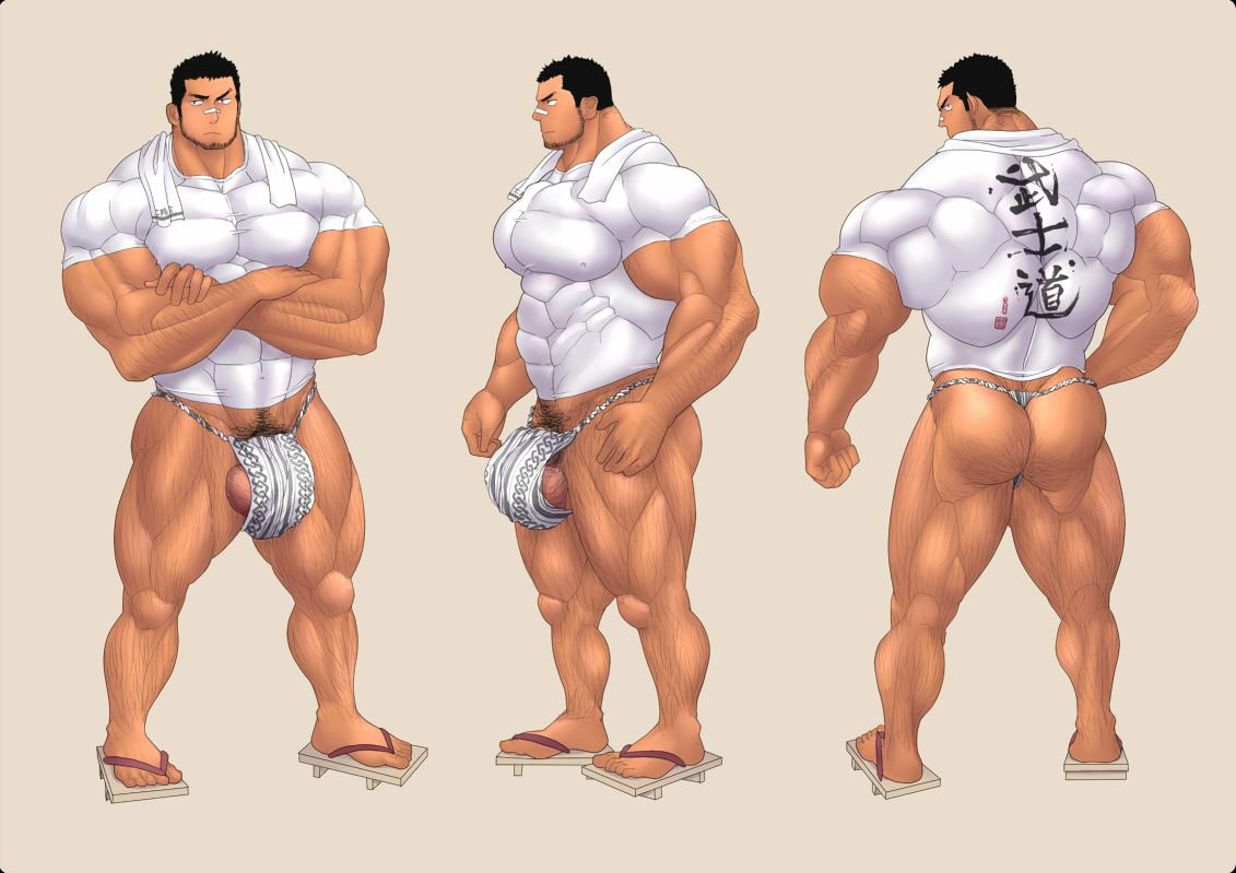 ass balls bara beard bulge clothing crossed_arms facial_hair flaccid fully_clothed fundoshi kuromine_hiraya male male_only muscles muscular penis shirt solo solo_male yuatari