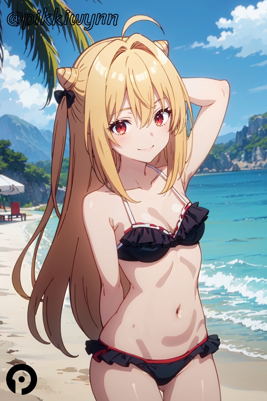 ahoge ai_generated arm_behind_back arm_behind_head arm_up bare_shoulders beach bikini black_bikini blonde_hair bow breasts cleavage closed_mouth cloud collarbone cowboy_shot day female frilled_bikini frills hair_bun hairbow hikikomari_kyuuketsuki_no_monmon long_hair looking_at_viewer navel outdoors pikkiwynn red_eyes sky small_breasts smile solo stomach swimsuit terakomari_gandezblood two_side_up