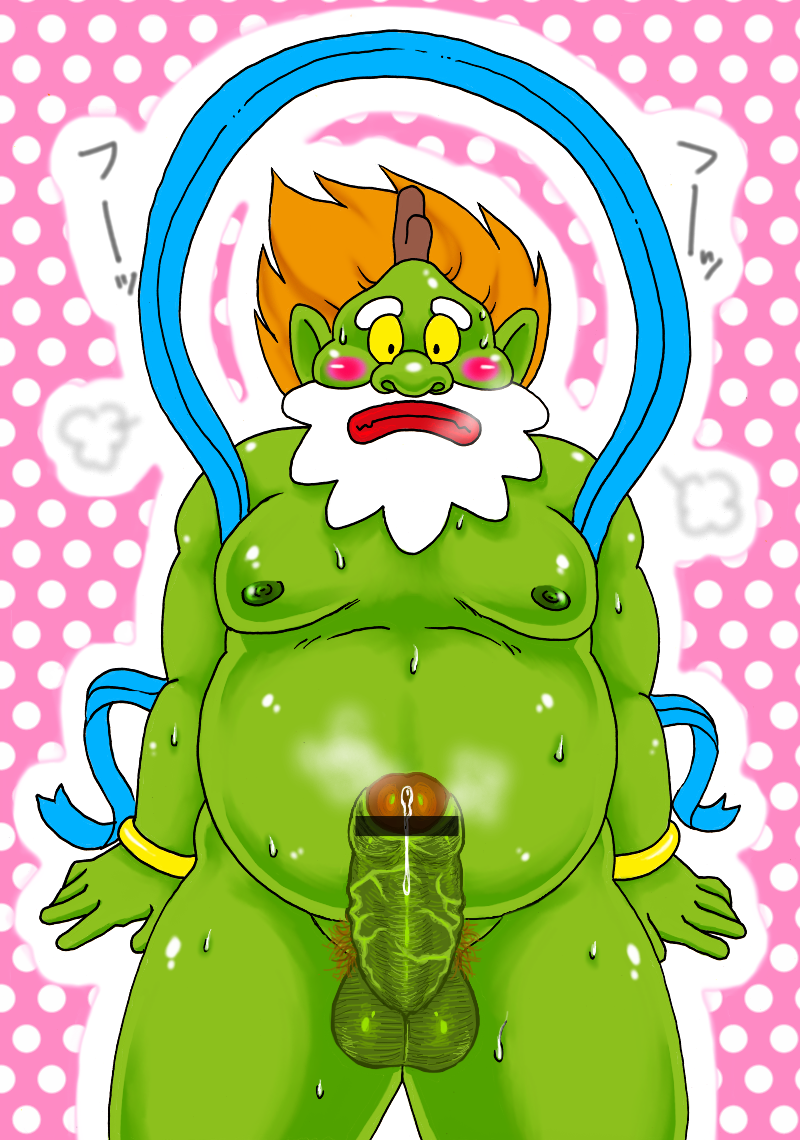 1boy balls blush censor_bar chubby erection fujin god green_skin horn huge_cock japanese_mythology kaigen kami looking_at_viewer male male_only mascot moobs mythology penis precum request shocked_expression shy