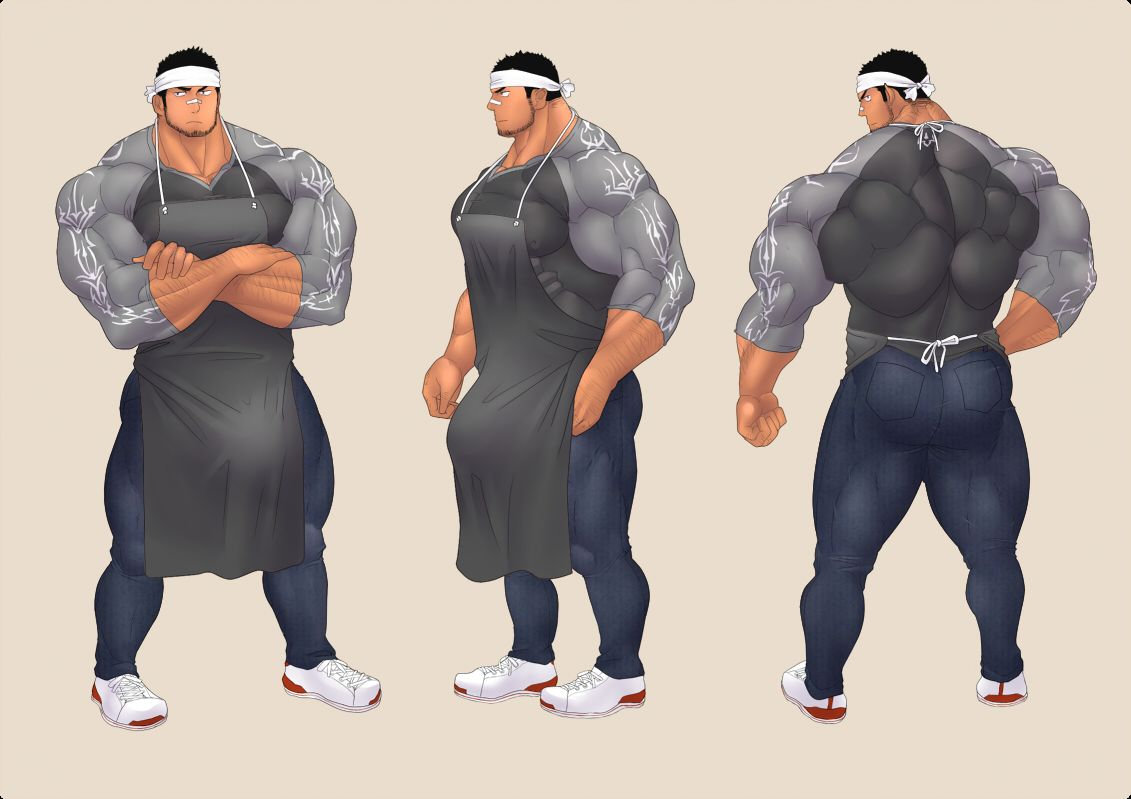 apron ass balls bara beard bulge clothing crossed_arms facial_hair flaccid fully_clothed kuromine_hiraya male male_only muscles muscular penis solo solo_male yuatari