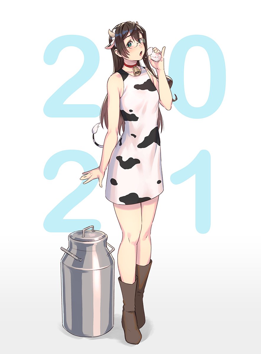 bare_legs bare_shoulders boots brown_hair cow_ears cow_girl cow_tail drinking glasses kantai_collection long_hair looking_at_viewer ooyodo_(kantai_collection) skirt sleeveless_dress yuuji_(and)