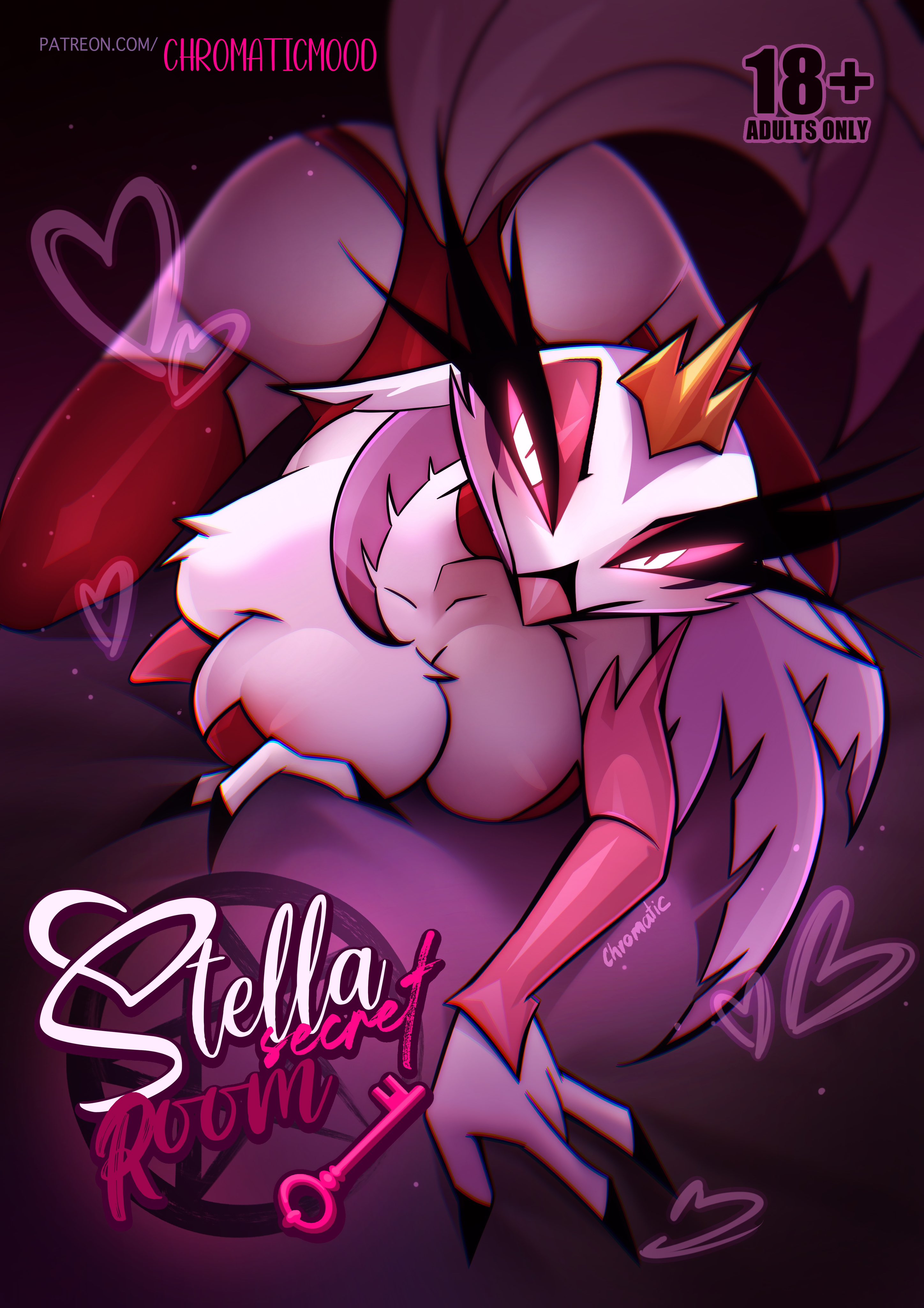 absurd res, ass, avian, beak, bed, bedroom eyes, big breasts, bird, breasts, chromaticmood, cleavage, clothed, clothing, cover, cover art, cover page, crown, demon, female, furniture, glowing, glowing eyes, headgear, heart, helluva boss, hi res, lingerie, looking at viewer, narrowed eyes, owl, pink eyes, seductive, solo, stella (helluva boss), text