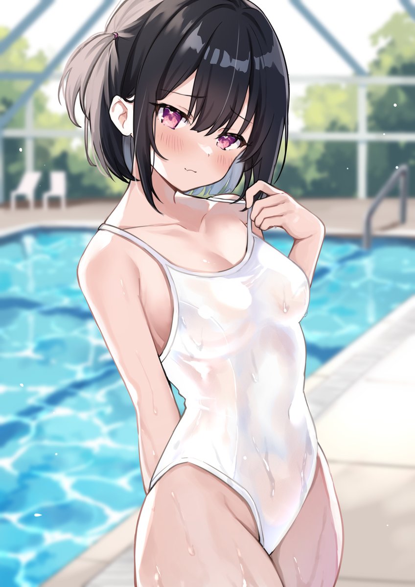 1girls 2020s 2023 bare_arms bare_shoulders black_hair blurry breasts closed_mouth competition_swimsuit covered_navel cowboy_shot depth_of_field embarrassed female highleg highleg_swimsuit looking_at_viewer medium_breasts okiq one-piece_swimsuit one_side_up original pink_eyes pool short_hair solo spaghetti_strap standing strap_pull swimsuit wavy_mouth wet white_one-piece_swimsuit