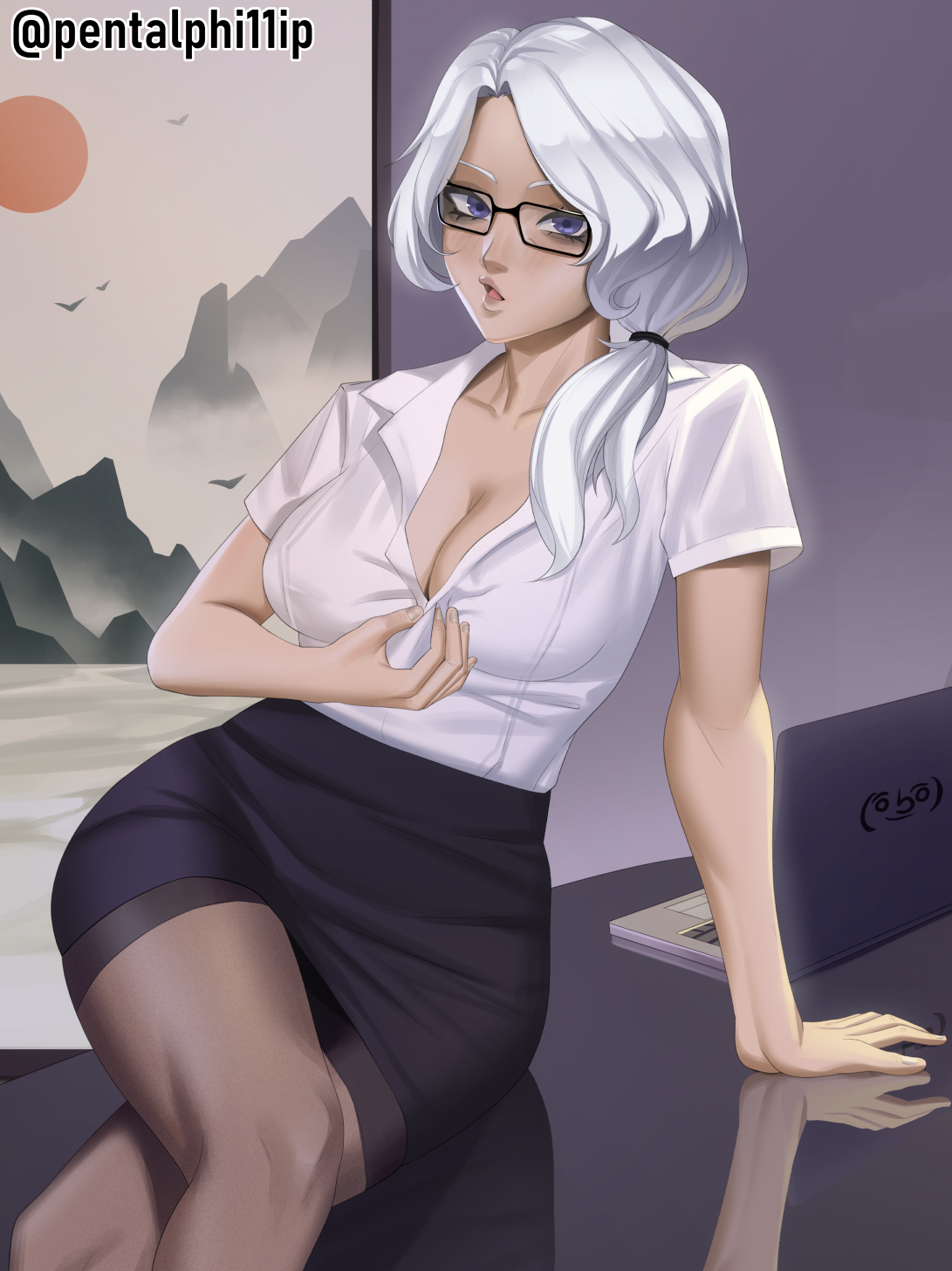1girls, blouse, blue eyes, cleavage, clothed, clothing, female, female only, glasses, looking at viewer, milf, office lady, pencil skirt, pentalphi11ip, rooster teeth, rwby, solo, solo female, tagme, thick thighs, thighhighs, thighs, tights, white hair, willow schnee