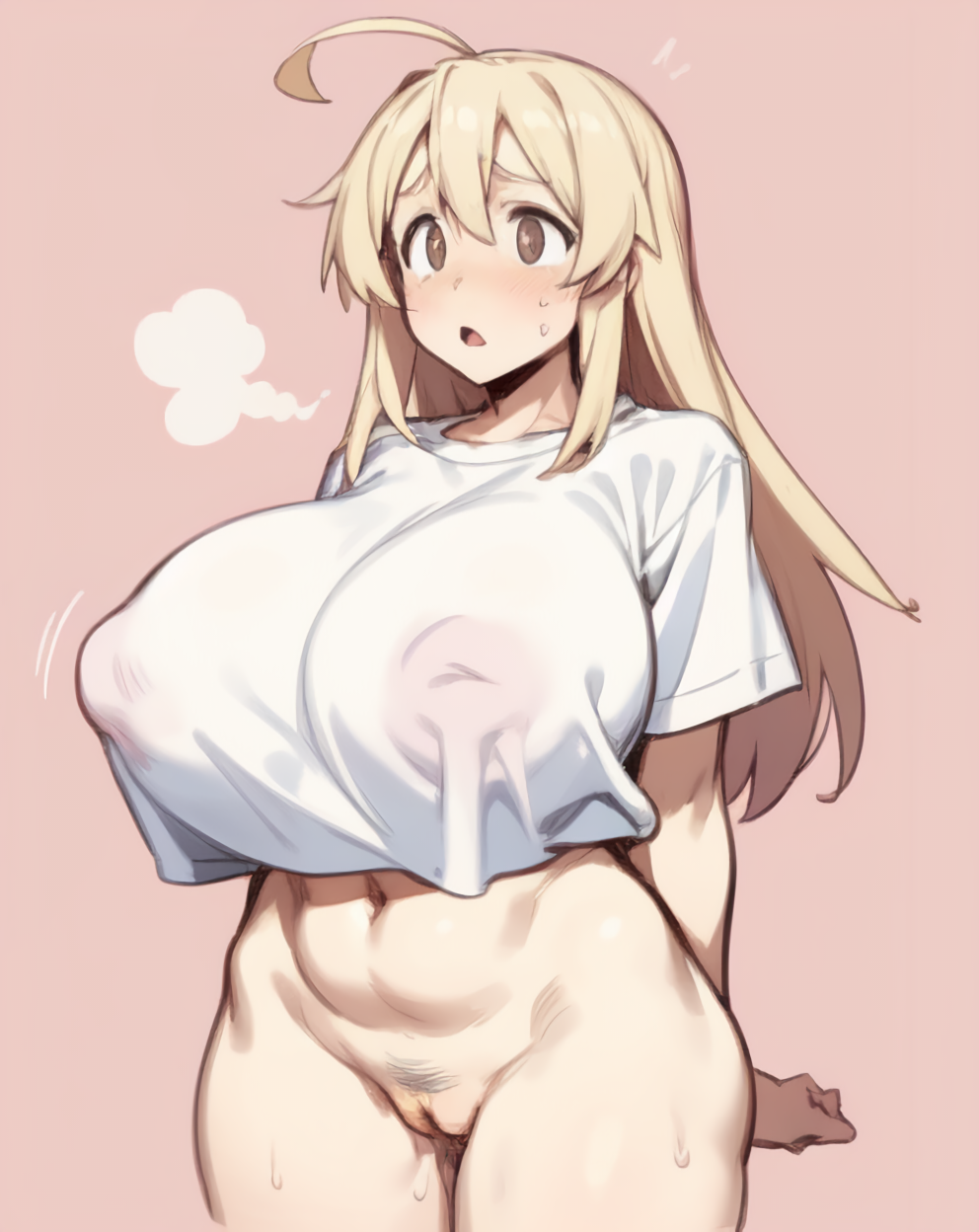 1girls ahoge ai_generated arms_behind_back big_breasts blonde_hair bottomless breasts brown_eyes creamballz cropped_shirt female huge_breasts large_breasts long_hair nipple_bulge nipples onii-chan_wa_oshimai! oyama_mahiro pussy shirt simple_background solo standing sweat thick_thighs wide_hips worried