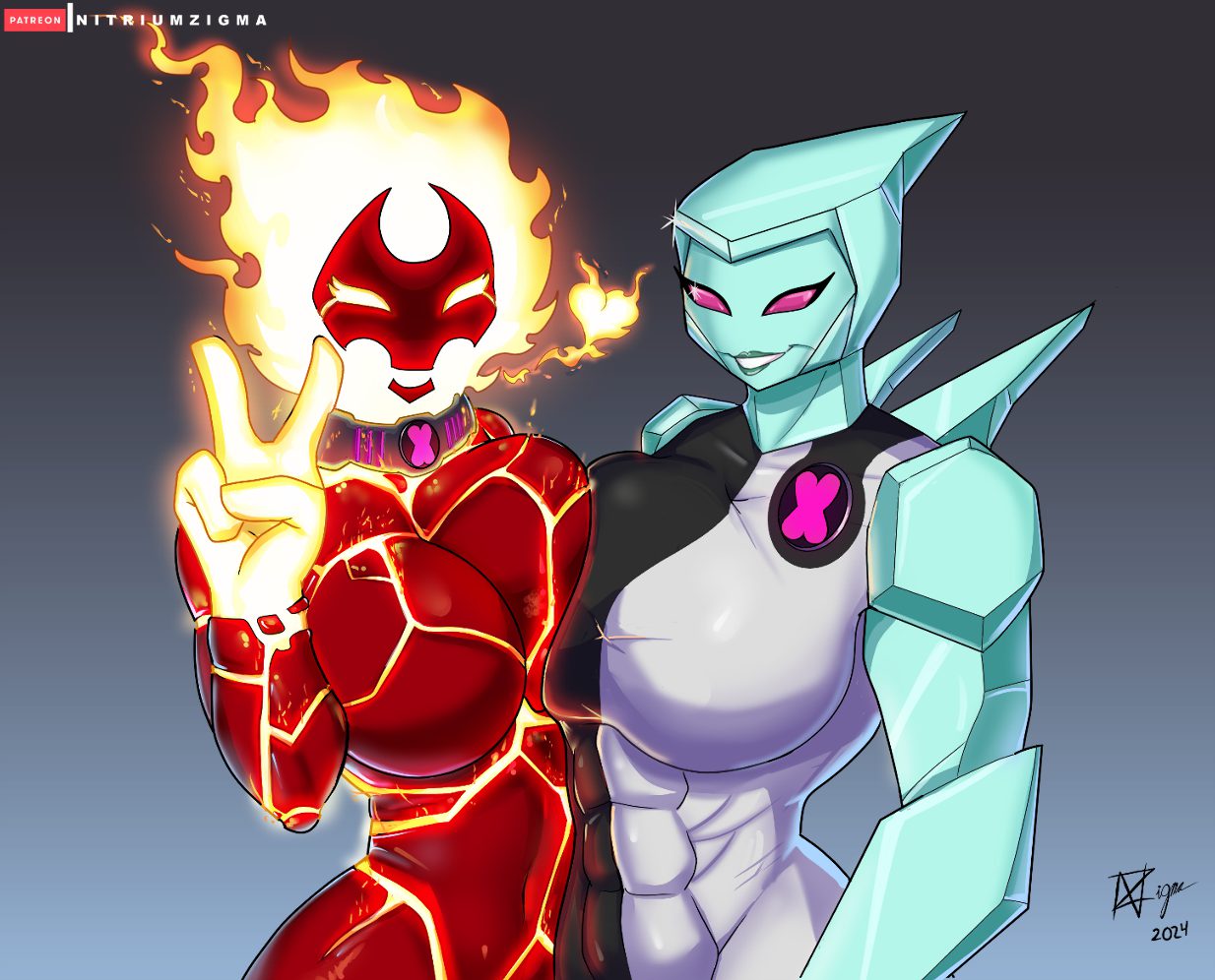 2girls alien alien_girl alien_humanoid ben_10 big_breasts chaquetrix diamondhead female female_focus female_only fire_creature golem heatblast large_breasts looking_at_viewer mineral_fauna mineral_humanoid multiple_girls nitriumzigma petrosapien pyronite rock rock_creature rock_humanoid