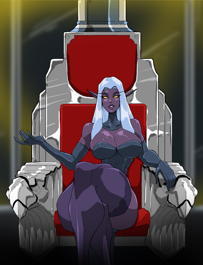 1girls armwear big_breasts breasts cleavage crossed_legs dark-skinned_female dark_elf dark_skin digital_drawing_(artwork) digital_media_(artwork) drow elbow_gloves female hand_gesture huge_nipples humanoid legs legs_crossed legwear lips long_neck medium_breasts pointy_ears purple_skin queen silver_hair sitting small_waist straight_hair theoverloader thick_thighs thighhighs thighs throne yellow_sclera