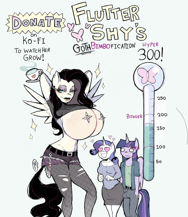 anthro bimbo bimbofication boner boner_in_pants breast_expansion breasts clownstongue donation_drive english_text fluttergoth giant_breasts goth goth_girl hasbro hearts hearts_in_eyes my_little_pony nipples rarity_(mlp) text transformation twilight_sparkle_(mlp)