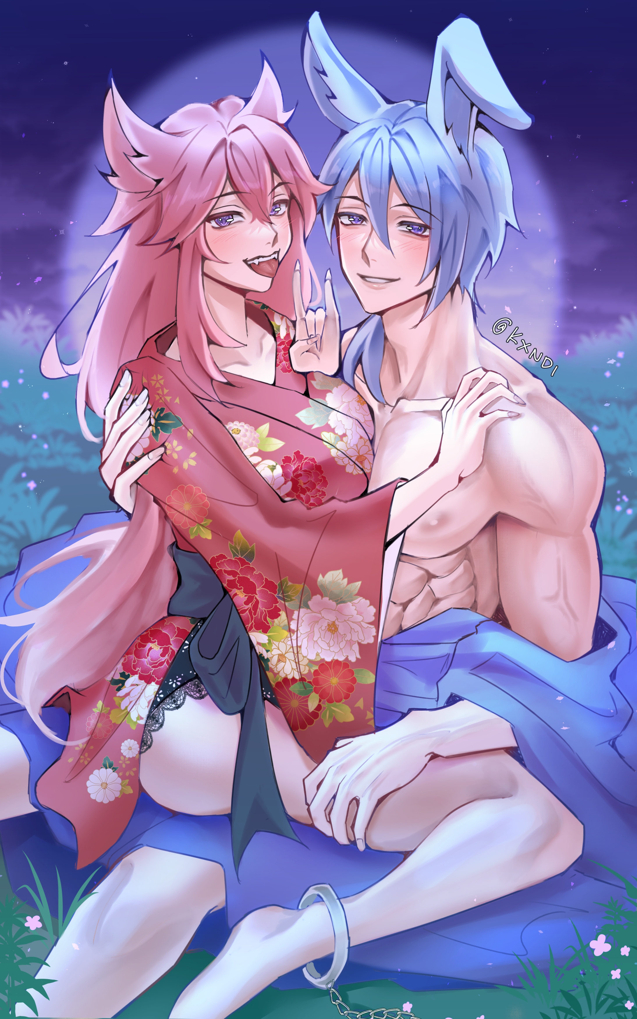 1boy, 1girls, animal ears, blue eyes, blue hair, bunny boy, bunny ears, female, fox ears, fox girl, genshin impact, grass field, hugging, japanese clothes, kamisato ayato, kxndi, light skin, long hair, male, male/female, muscular, muscular male, night, nighttime, on glass, on lap, pink hair, rabbit boy, rabbit ears, shirtless, shirtless male, sitting on lap, straight, thigh grab, tongue, wholesome, yae miko