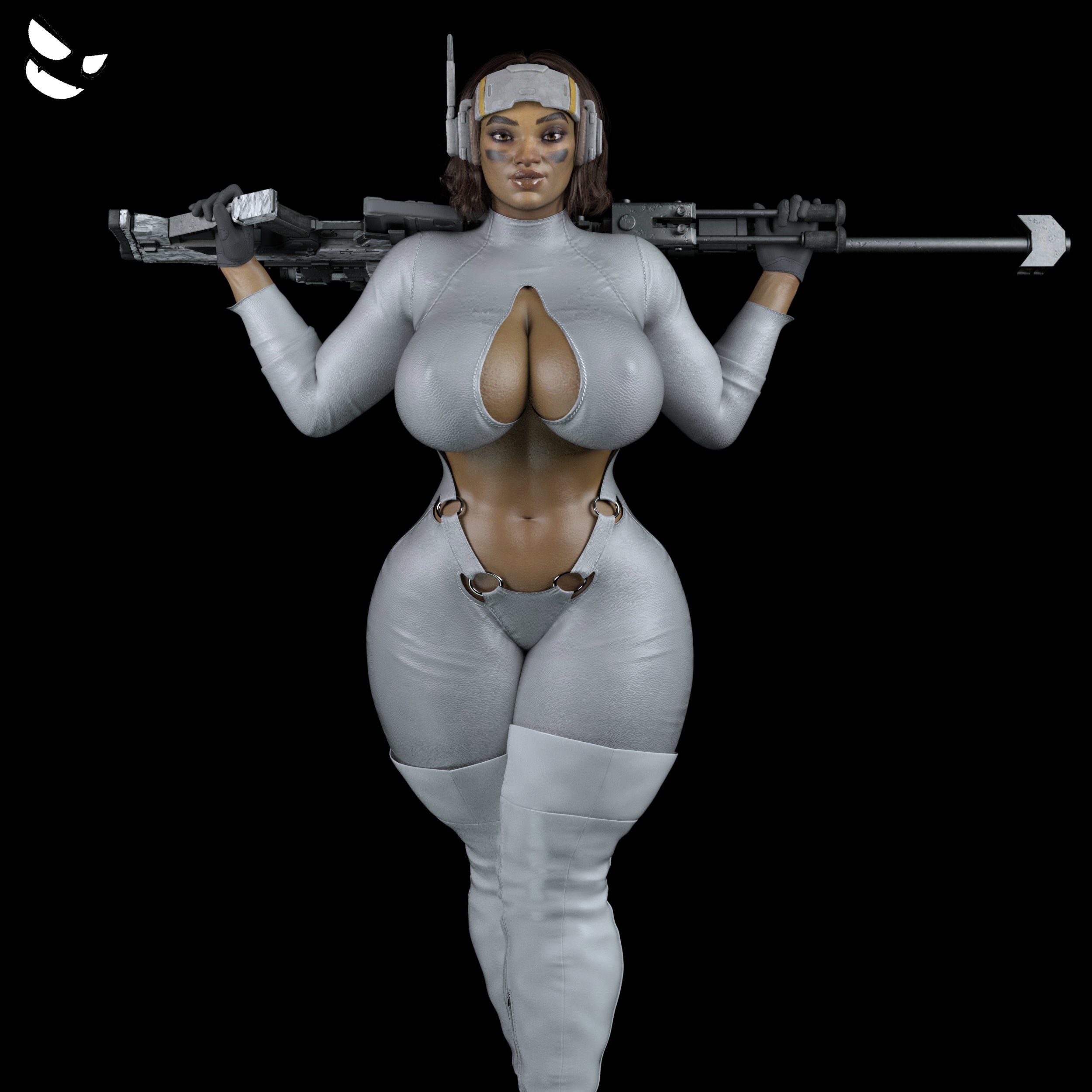 1girls, 3d, apex legends, big breasts, blender, blender (software), breasts, brown hair, cleavage, cuban, cuban female, female, female only, gm studios, gun, highres, latina, respawn entertainment, short hair, solo, thick thighs, vantage (apex legends), video games, wide hips