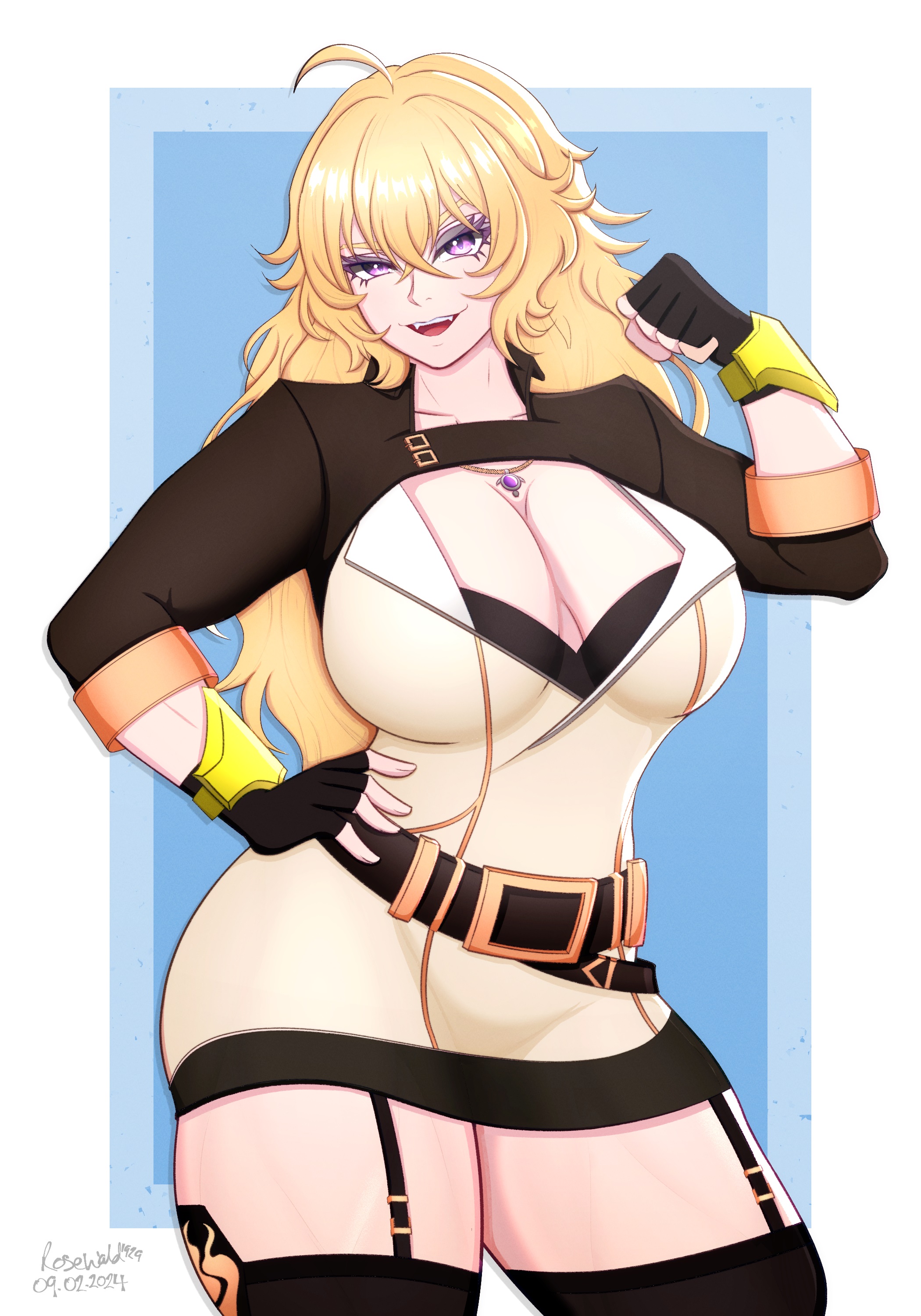 1girls, 2024, 2d, 2d (artwork), ahoge, artist name, blonde hair, blue background, boob window, breasts, cleavage, dated, female, female focus, female only, fingerless gloves, gloves, human, human only, long hair, pinup, purple eyes, rosewald1929, rwby, shiny hair, shiny skin, simple background, solo, solo female, thick thighs, thighhighs, thighs, violet eyes, white border, yang xiao long