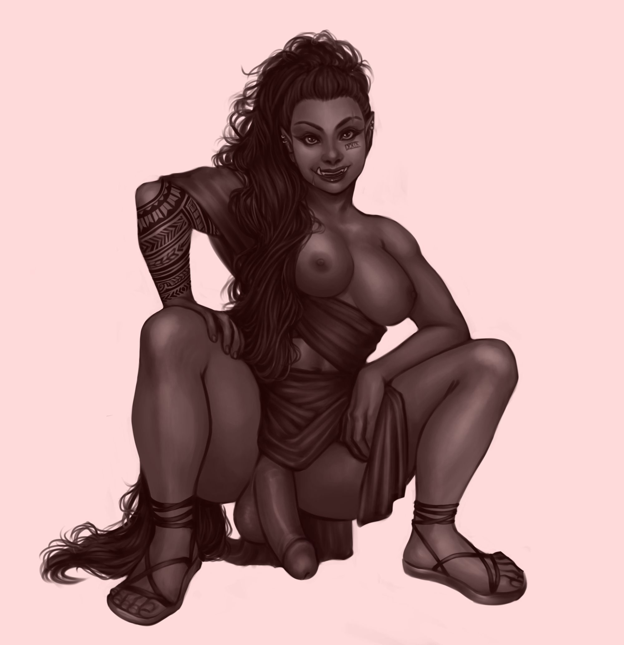1futa, areolae, athletic, athletic futa, balls, big breasts, big penis, bottomless, breasts, clothed, clothing, commissioner upload, dark skin, dark-skinned futa, flaccid, futa only, futanari, intersex, long hair, monochrome, nipples, orc, orc futa, partially clothed, penis, penis under skirt, presenting penis, solo futa, squatting, suumunster