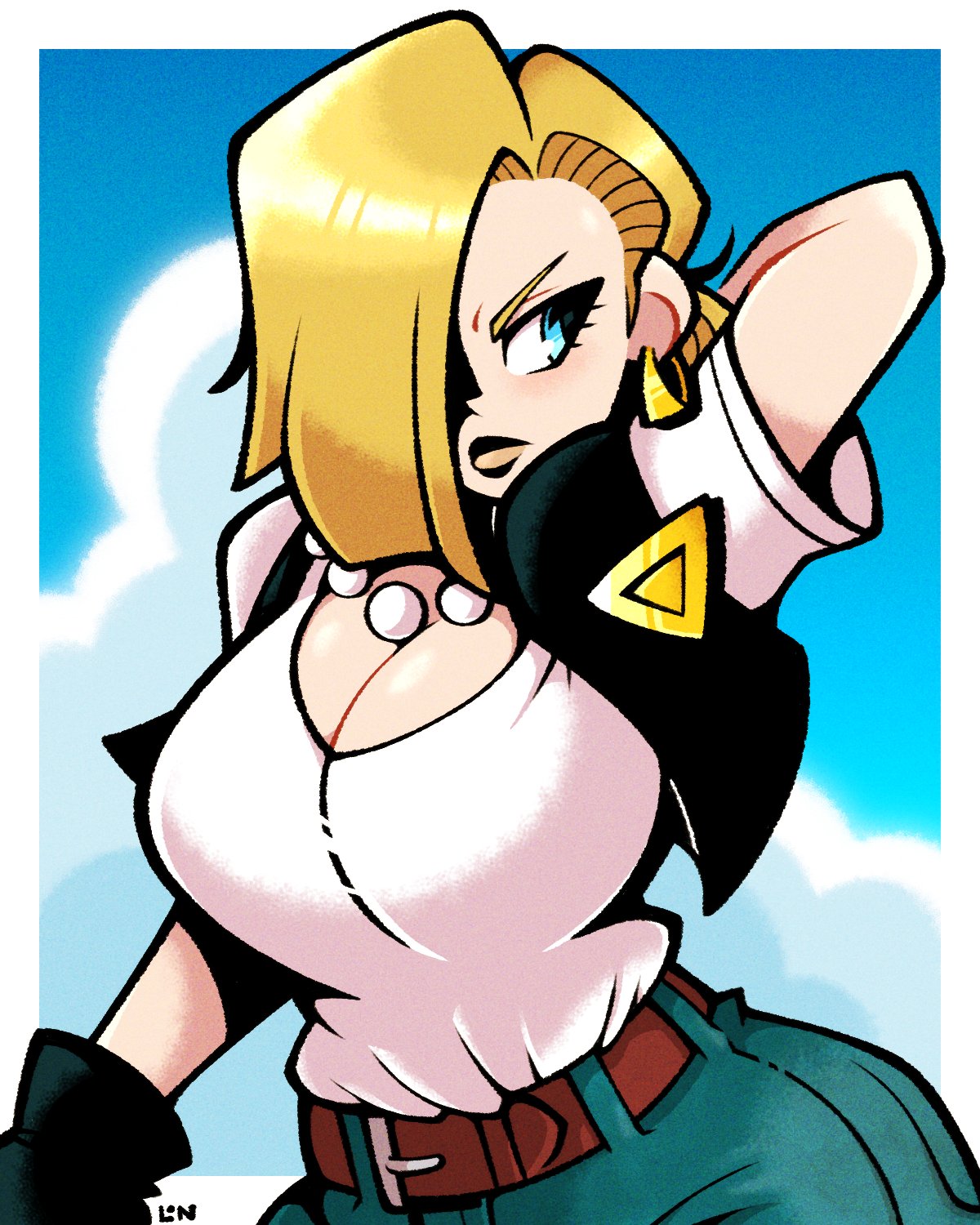 1girls, android 18, big breasts, blonde hair, blue eyes, breasts, cleavage, curvy, dragon ball, dragon ball z, female, large breasts, legendofnerd, one eye obstructed, solo, wide hips