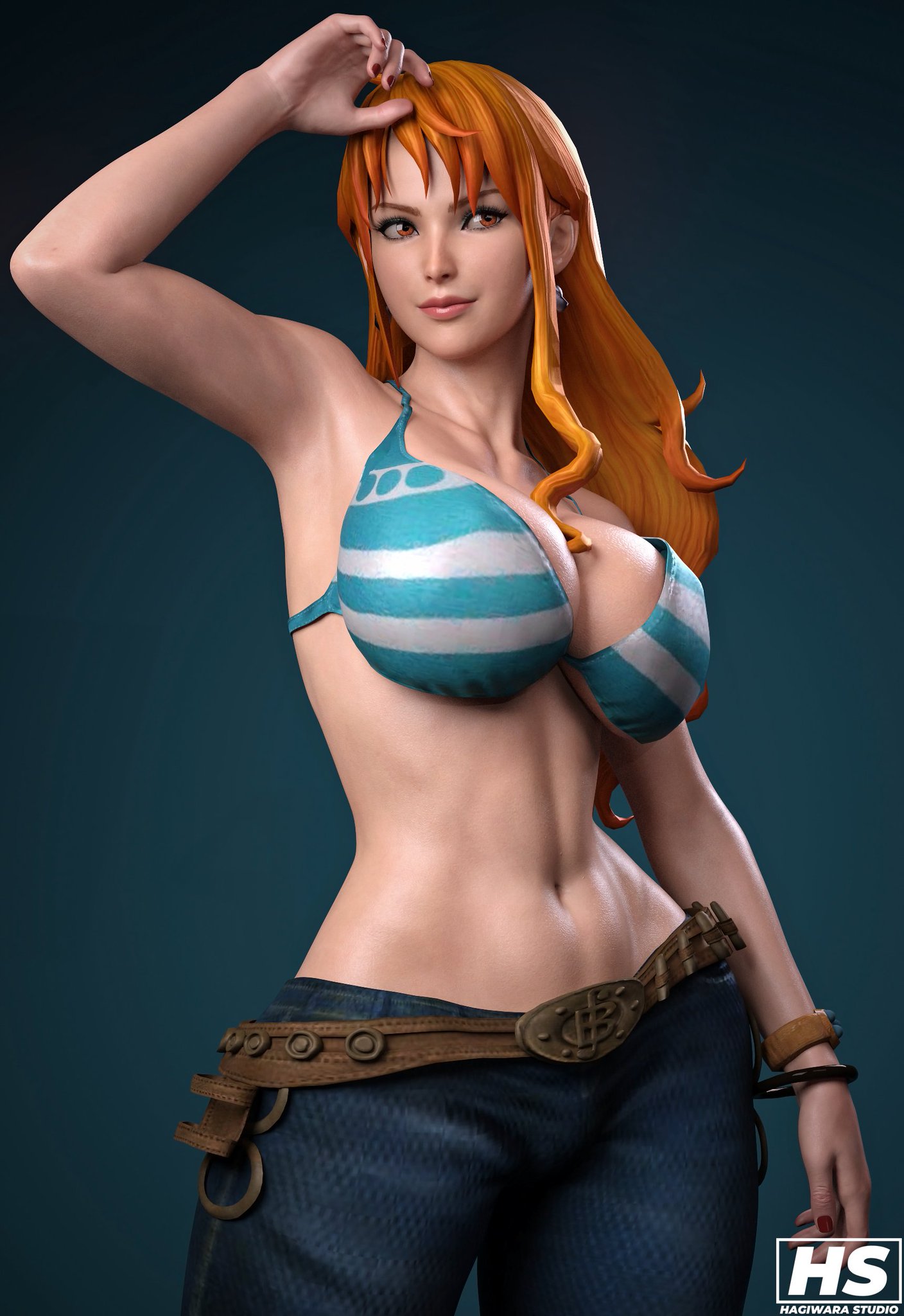 1girls, 2024, 3d, anime, armpits, artist logo, artist signature, ass, bangs, bare belly, bare shoulders, bare stomach, belly, belly button, belt, big ass, big breasts, big butt, bikini, bikini top, boobies, boobs, bra, bracelets, breasts, cleavage, clothed, clothed female, clothing, color, colored, curvy, curvy female, curvy figure, earrings, fanart, female, female only, full color, hagiwara studio, hips, huge breasts, jeans, jewelry, large ass, large breasts, large butt, light skin, light-skinned female, long hair, manga, nami (one piece), one piece, orange eyes, orange hair, pants, pirate, pirate girl, pose, posing, post-timeskip, seductive, smile, sole female, solo, striped bikini, voluptuous, voluptuous female