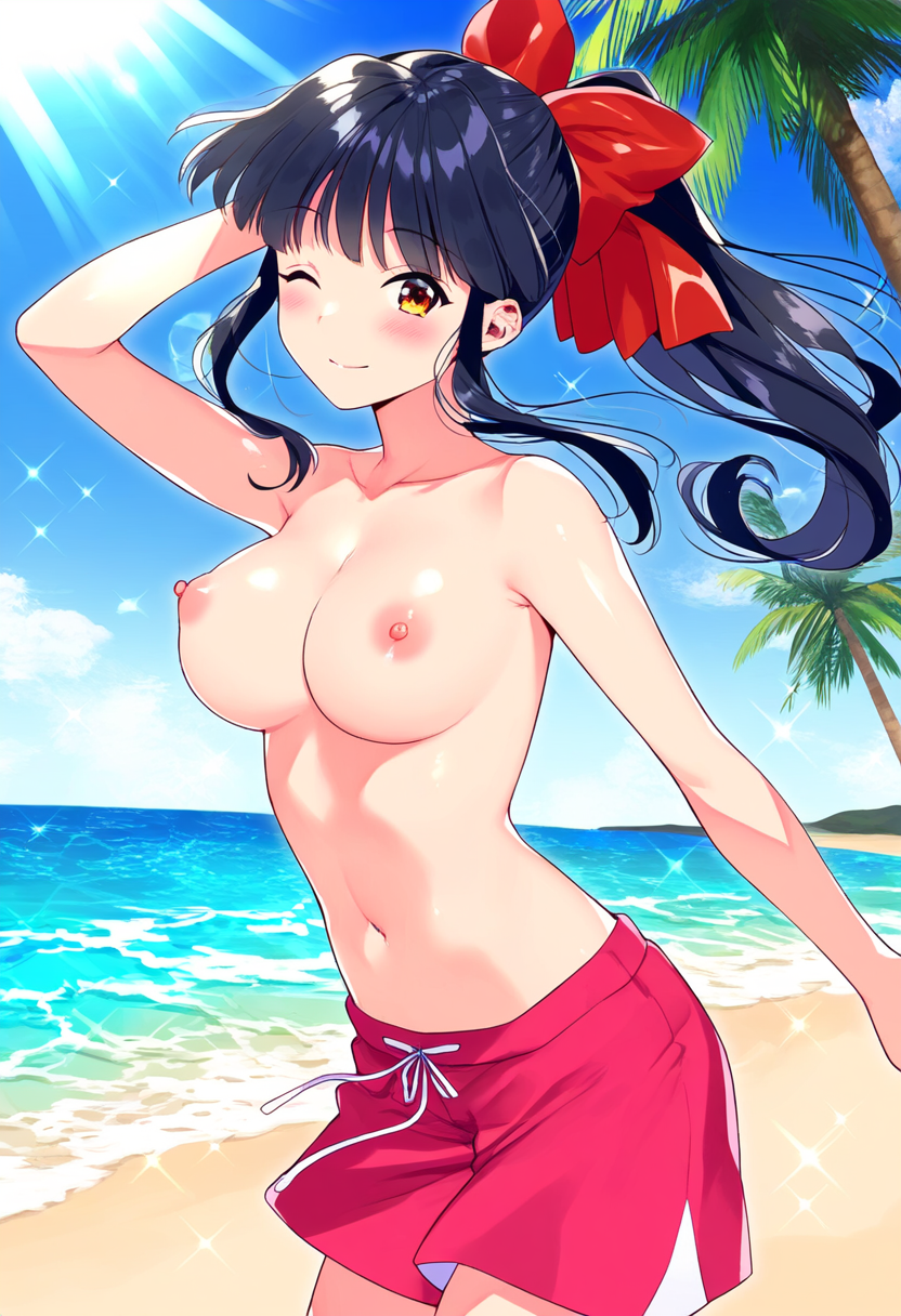 1girls ai_generated arm_behind_head armpits beach big_breasts blush breasts brown_eyes busty confident female female_only hair_ribbon hi_res large_breasts legs long_hair male_swimwear navel nipples ocean one_eye_closed ponytail pose posing red_bow sakura_shinguji sakura_taisen sega shorts smile solo thighs topless voluptuous water wink