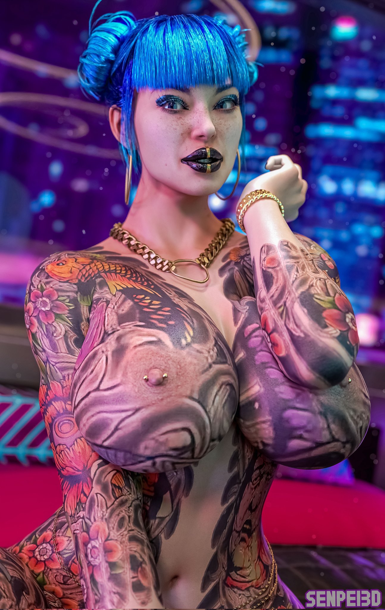 1girls, 3d, ass, big ass, big breasts, blue hair, bottom heavy, breasts, bust, busty, cd projekt red, cheri nowlin, chest, curvaceous, curvy, curvy figure, cyberpunk, cyberpunk (series), cyberpunk 2077, female, female focus, hips, hourglass figure, huge ass, huge breasts, large ass, large breasts, legs, light skin, light-skinned female, lips, mature, mature female, nipple piercing, nipples, piercing, senpei3d, slim waist, tattoo, tattoos, tattoos everywhere, thick, thick hips, thick legs, thick thighs, thighs, top heavy, voluptuous, waist, wide hips, yakuza tattoo