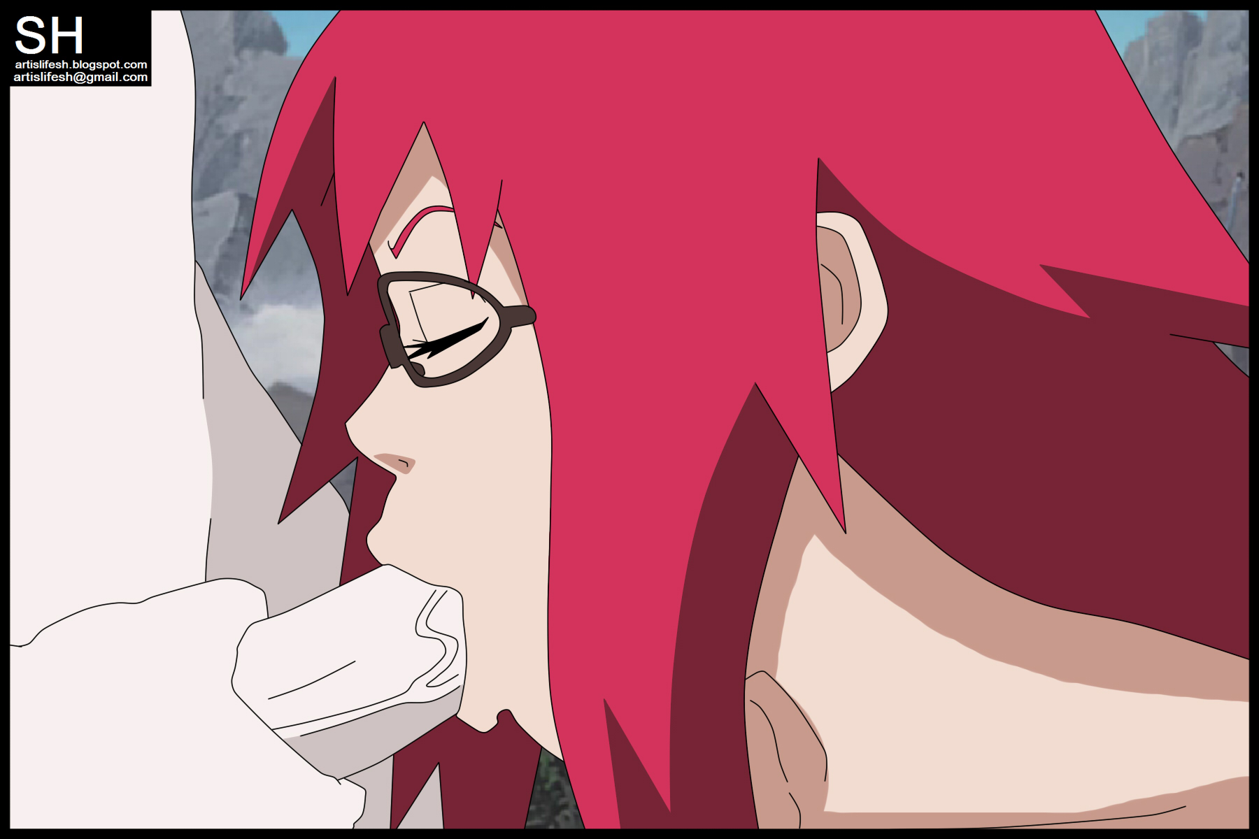 1boy, 1girls, closed eyes, fellatio, female, glasses, hair, long hair, love, male, naruto, naruto (series), ninja, nude, oral, outdoors, penis, red hair, sai, shika-hina, uzumaki karin