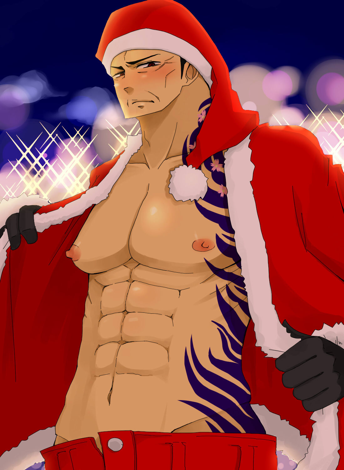 1boy akainu artist_request beginner_artist blush christmas christmas_outfit gloves human_artist leather leather_gloves looking_at_viewer male male_only muscular muscular_male no_ai one_piece santa_hat solo tattoo tattoo_on_chest tattooed_male tattoos