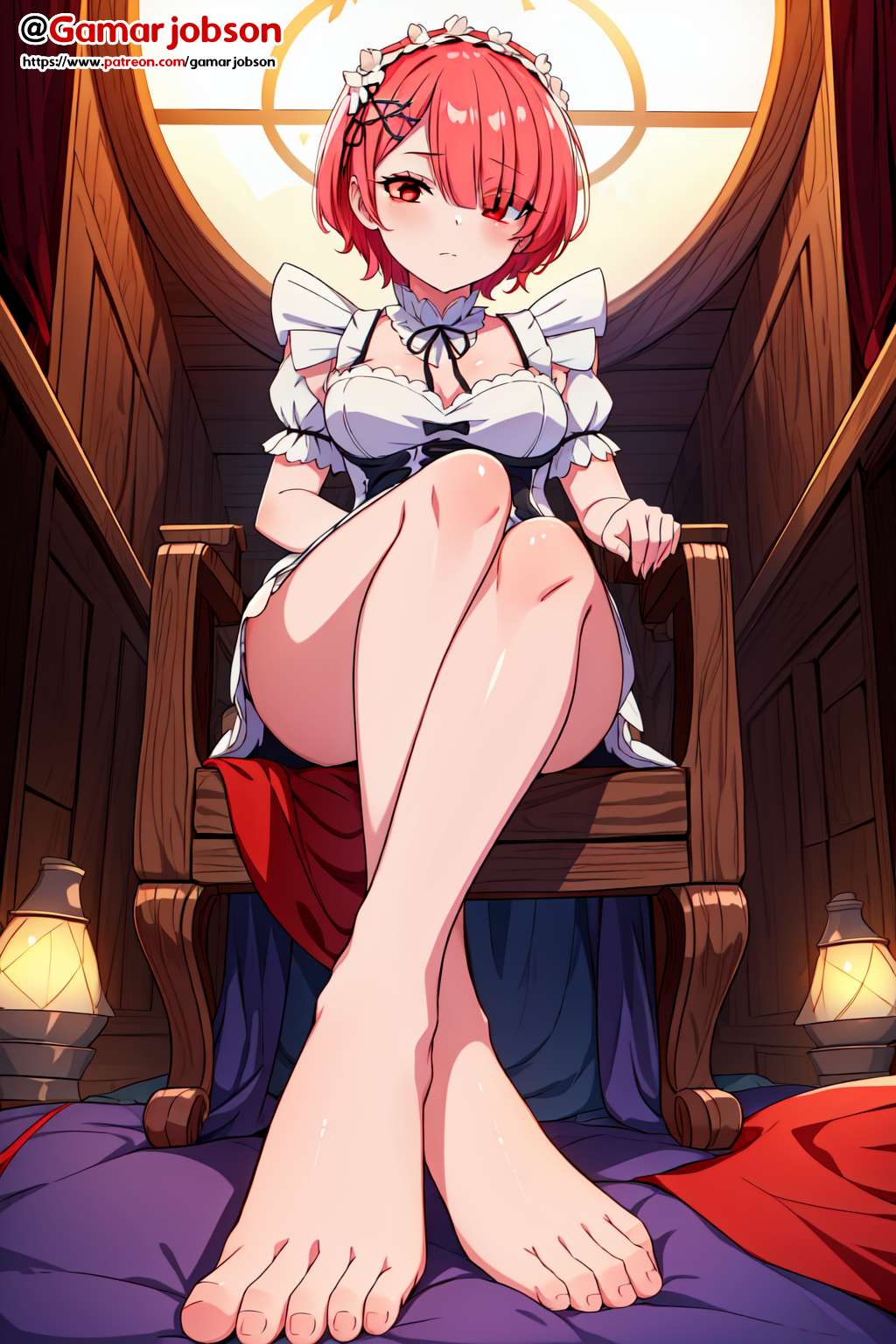 ai_generated bangs barefoot feet foot_fetish gamarjobson legs maid maid_headdress maid_uniform pink_eyes pink_hair ram_(re:zero) re:zero_kara_hajimeru_isekai_seikatsu short_hair sitting toes