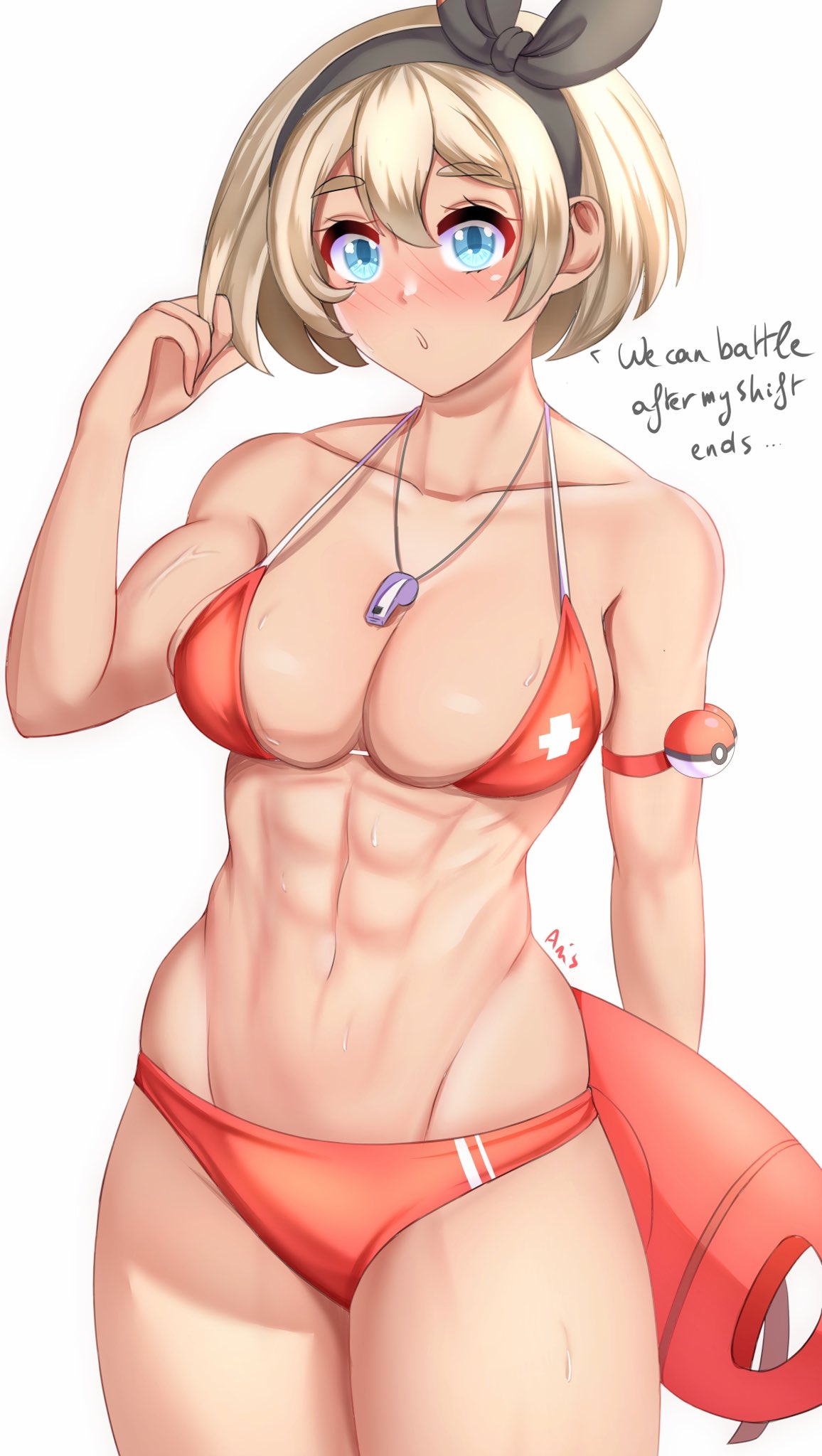 1girls, abs, anisdrawn, bare arms, bare legs, bare shoulders, bare thighs, bea (pokemon), big breasts, bikini, bikini bottom, bikini top, blue eyes, blush, breasts, clothed, clothing, color, english text, female, female focus, female only, game freak, grey hair, gym leader, hi res, large breasts, lifeguard, light skin, light-skinned female, looking at viewer, muscles, muscular, muscular female, nintendo, pokemon, pokemon ss, pokemon trainer, short hair, solo, solo female, sweat, tagme, text, thick thighs