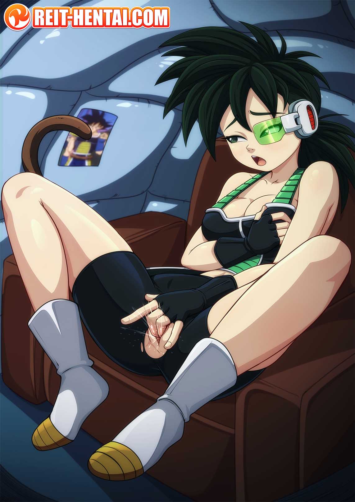 background bardock bike_shorts black_eyes black_hair breast_grab cleavage dragon_ball dragon_ball_xenoverse dragon_ball_z female female_saiyan finger_in_pussy fingering green-tinted_eyewear insertion maiz masturbation moaning moaning_in_pleasure oc original original_character ponytail reit saiyan saiyan_armor saiyan_girl saiyan_oc saiyan_tail scouter spats tagme tinted_eyewear tomboy watermark