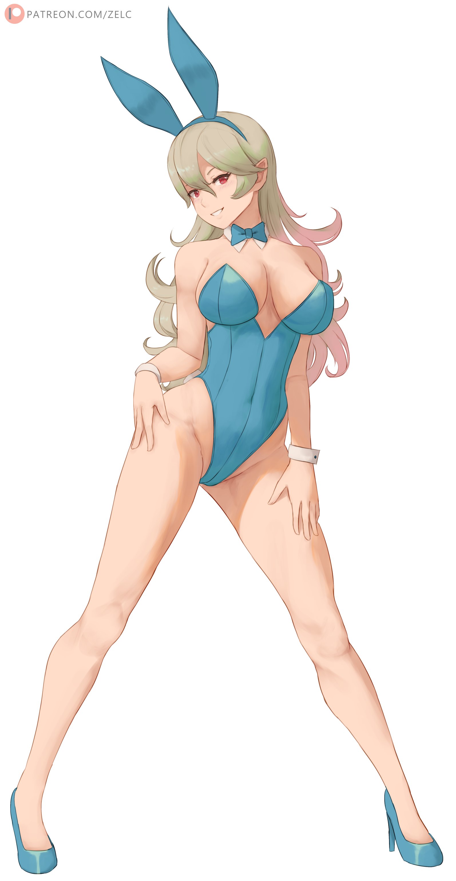 1girls, absurdres, alternate costume, animal ears, bare legs, black leotard, blue leotard, bow, bowtie, breasts, bunny ears, bunny girl, bunnysuit, corrin (fire emblem), corrin (fire emblem) (female), covered navel, detached collar, english commentary, fake animal ears, fake tail, female, female only, fire emblem, fire emblem fates, full body, grin, hands on own hips, high heels, highres, large breasts, legs, leotard, long hair, looking at viewer, nintendo, playboy bunny, pointy ears, rabbit ears, rabbit tail, red eyes, smile, solo, standing, strapless, strapless leotard, tail, white background, white hair, wrist cuffs, zelc-face