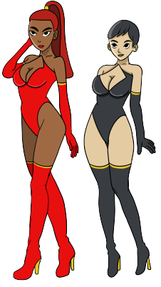 2girls bare_legs bare_shoulders bare_thighs blank_eyes blank_stare blue_clothing blue_dress blue_hair blue_outfit blue_stockings breasts carmen_sandiego carmen_sandiego_(2019) carmen_sandiego_(franchise) chocolate_and_vanilla cleavage dark_skin female_focus female_only gloves hand_behind_head hand_on_head heels high_heels hips julia_argent julia_argent_(carmen_sandiego) lipstick long_hair medium_breasts multiple_girls opera_gloves pose posing red_clothing red_dress red_hair red_outfit red_stockings seductive short_hair showgirl showgirls slim_waist stockings thin thin_female tight_clothing tight_dress